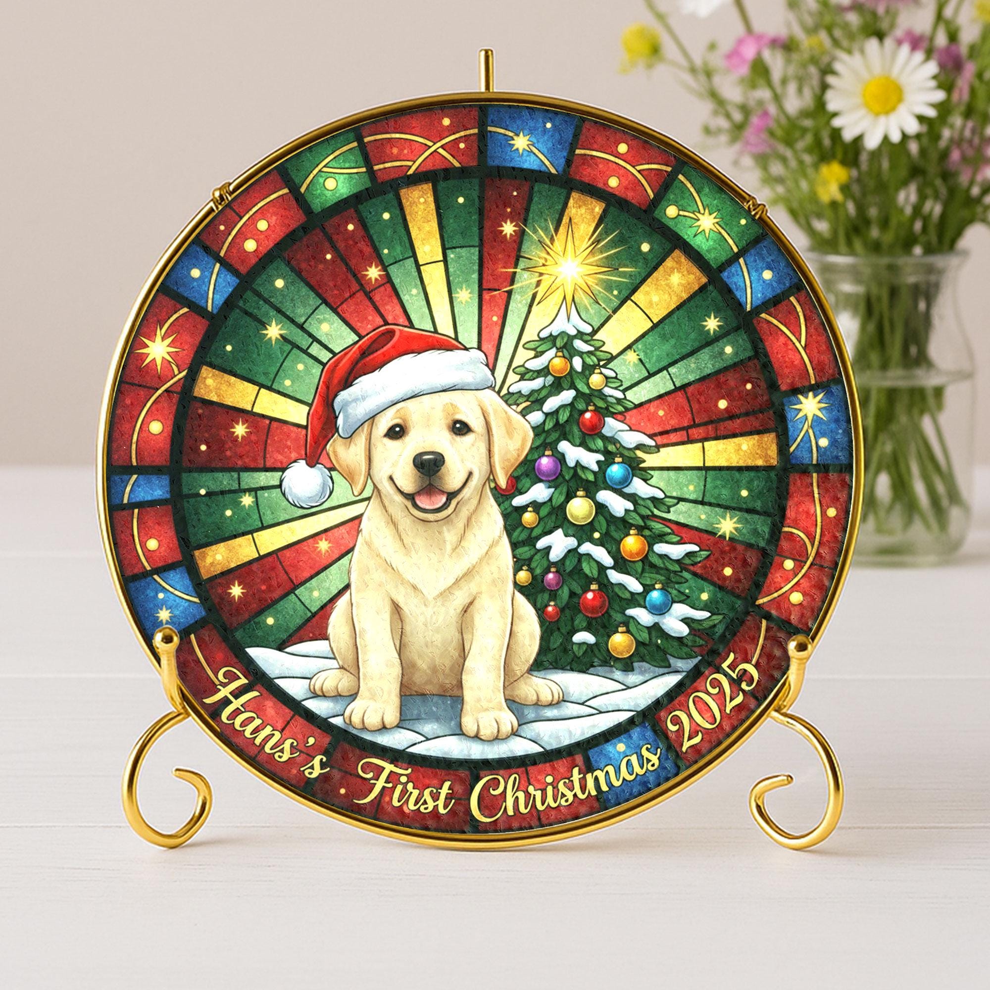 Dog First Christmas Plate, Personalized Name & Year, Santa Hat Puppy, Stained-Glass Style Display