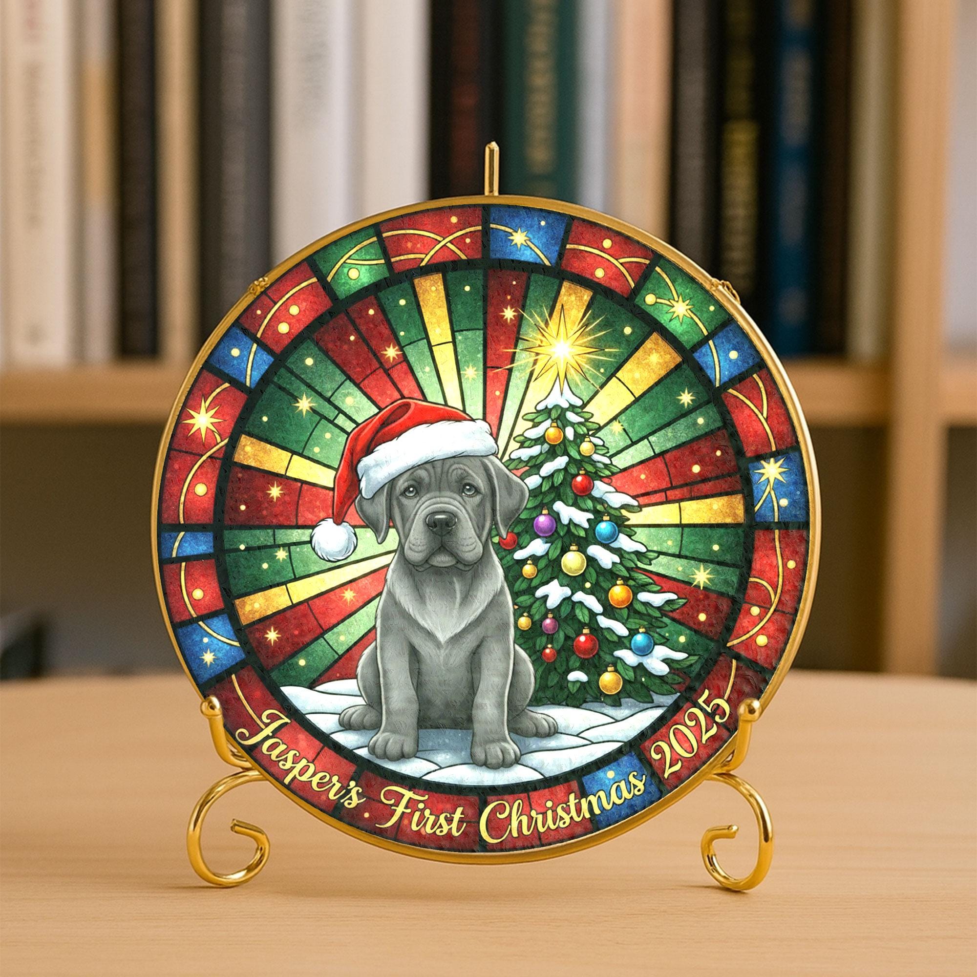 Dog First Christmas Plate, Personalized Name & Year, Santa Hat Puppy, Stained-Glass Style Display