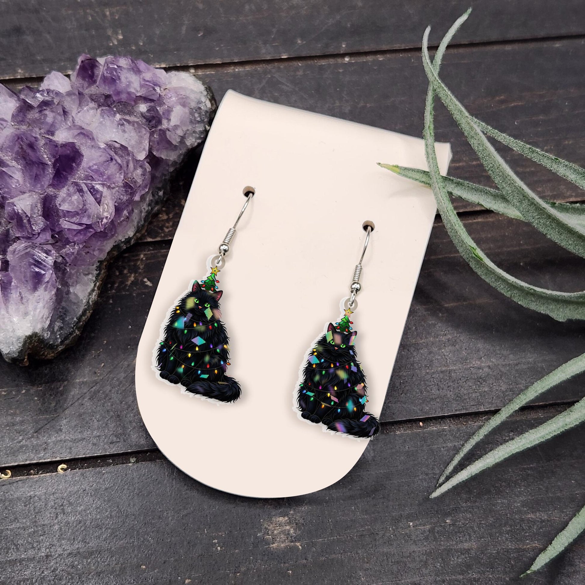 Black Cat Christmas Earrings – Festive Holiday Cat Jewelry with Lights