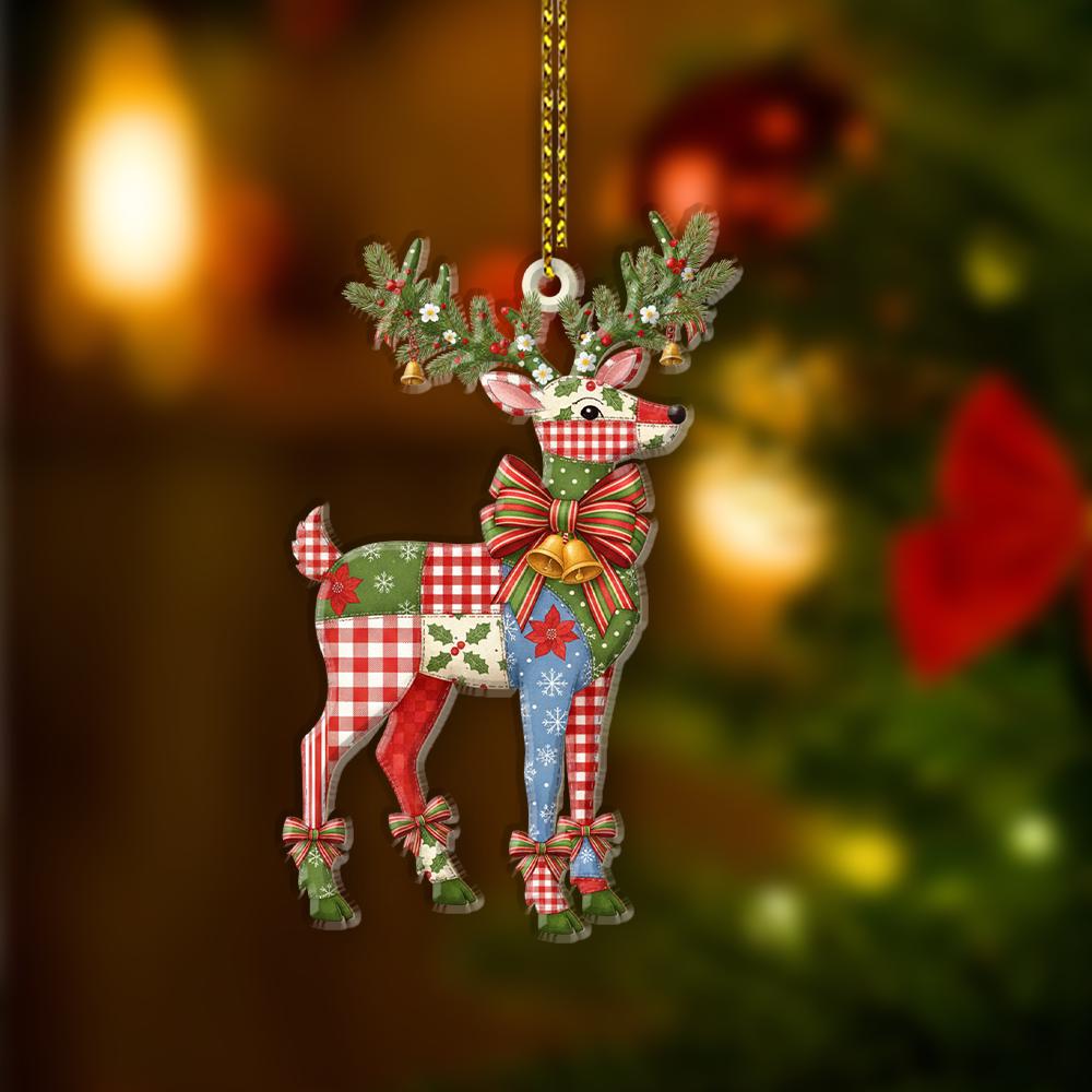 Patchwork Reindeer Christmas Tree Ornament with Bow and Antler Pine Details