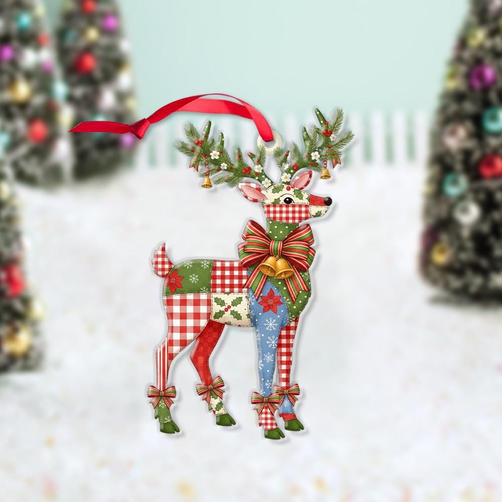 Patchwork Reindeer Christmas Tree Ornament with Bow and Antler Pine Details