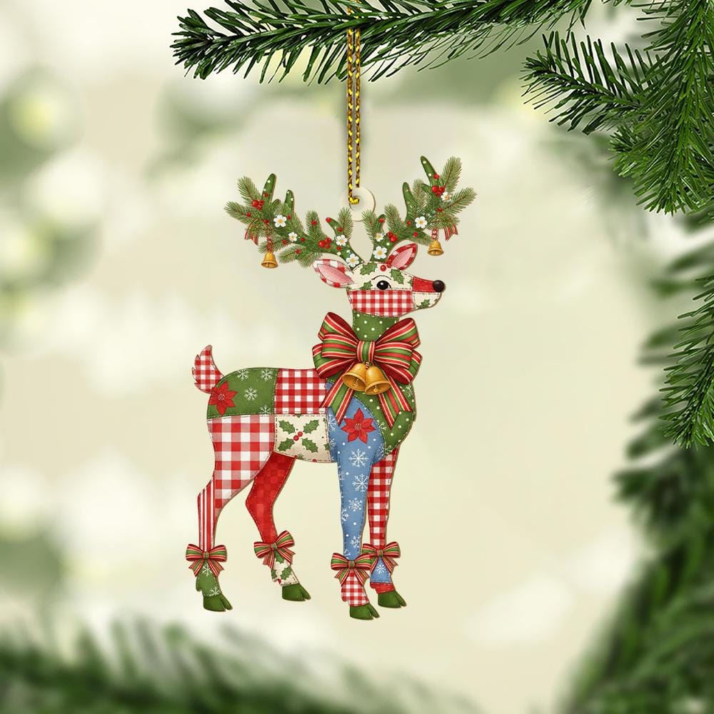 Patchwork Reindeer Christmas Tree Ornament with Bow and Antler Pine Details