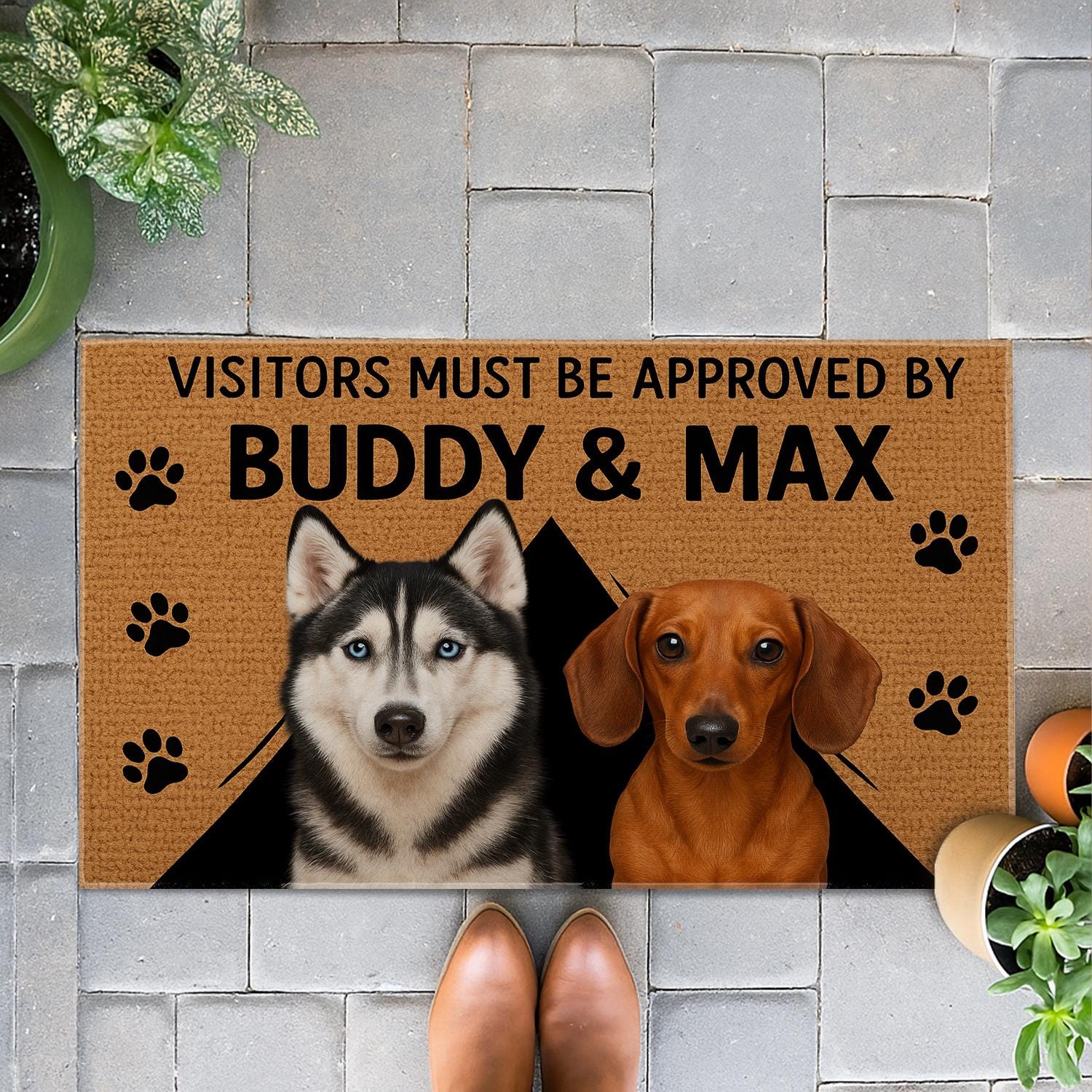 Personalized Doormat – "Visitors Must Be Approved by" with Husky & Dog Design