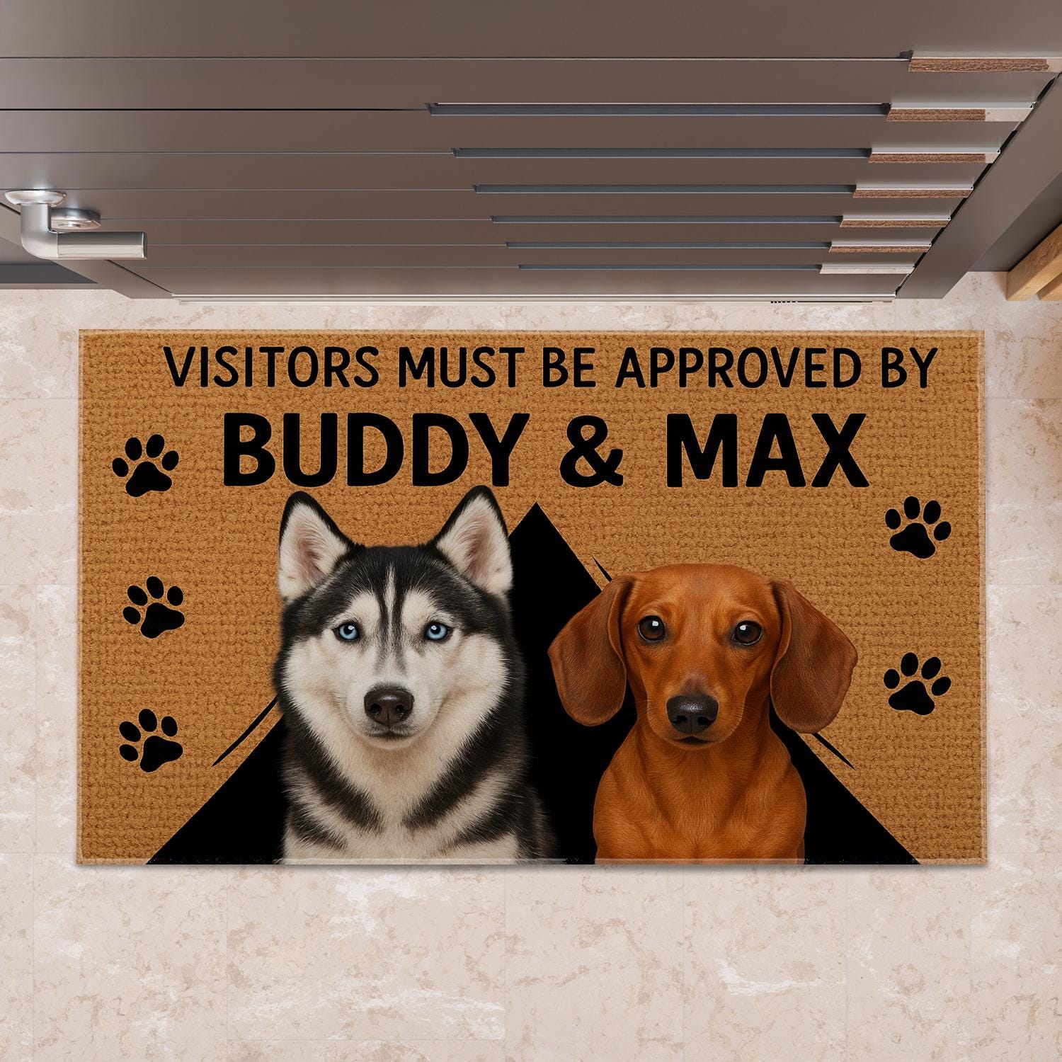 Personalized Doormat – "Visitors Must Be Approved by" with Husky & Dog Design