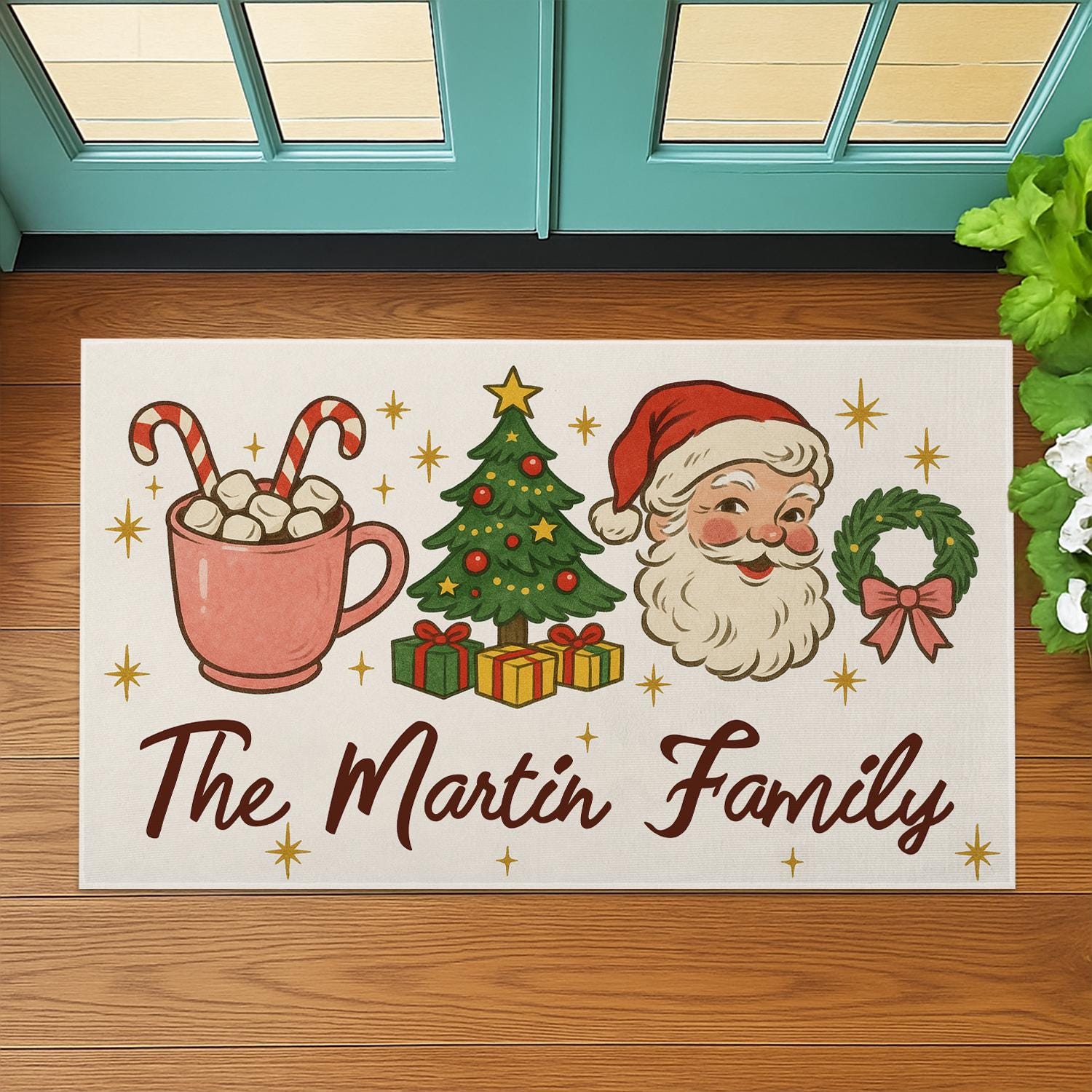 Personalized Christmas Doormat with Santa, Tree, and Gifts – Family Name Design