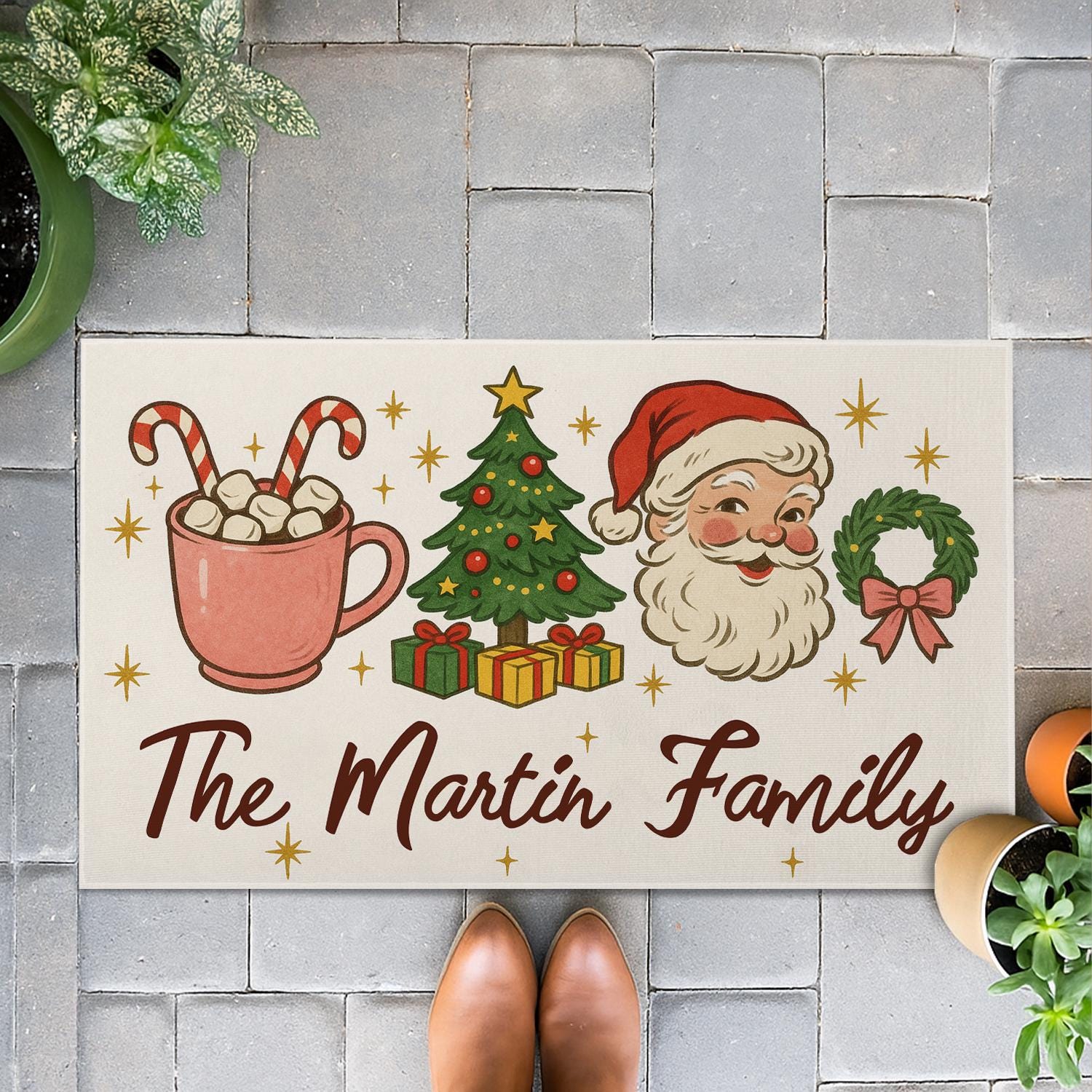 Personalized Christmas Doormat with Santa, Tree, and Gifts – Family Name Design