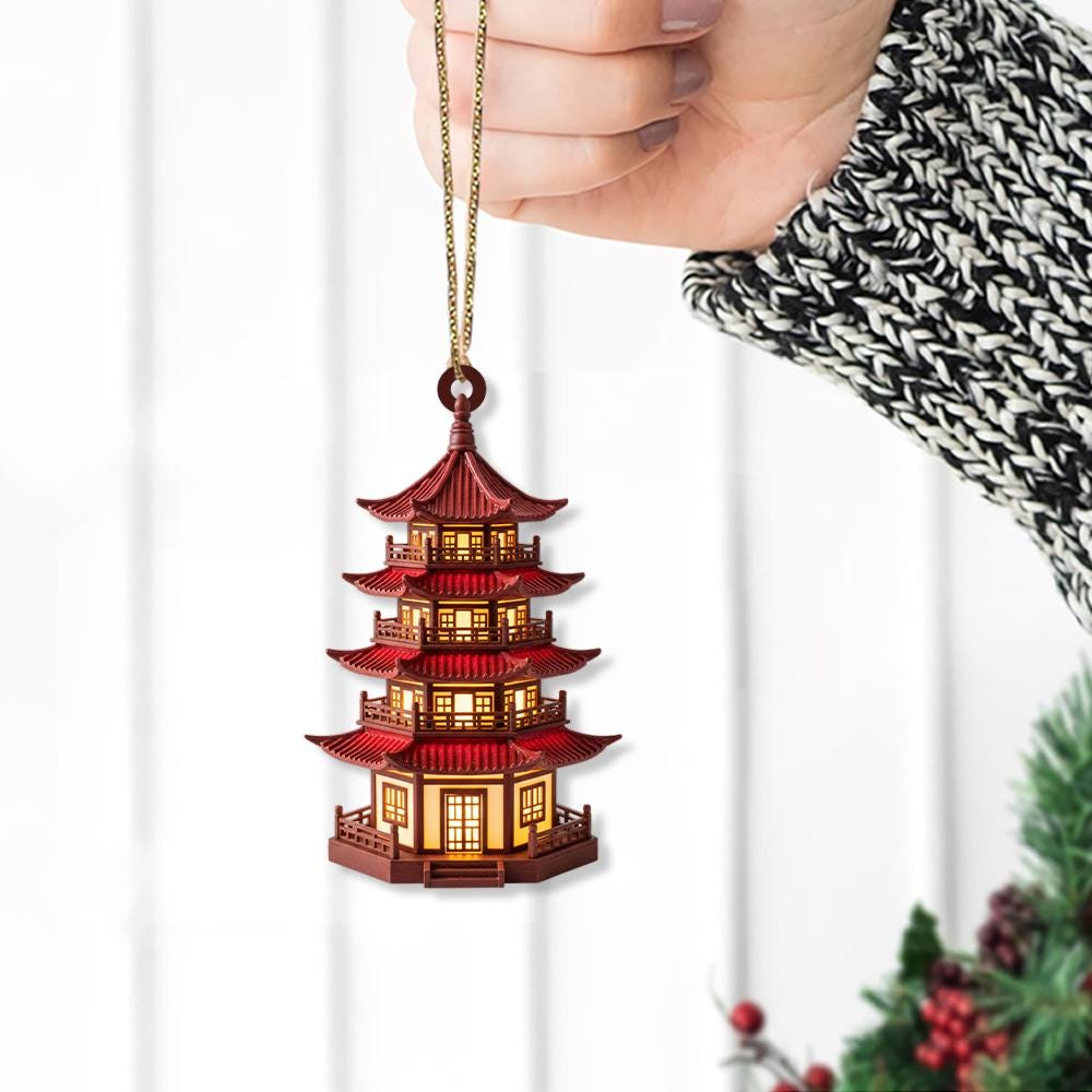 Pagoda Ornament for Christmas Tree, Asian Architecture Holiday Decoration, Red Lantern Style Hanging Decor