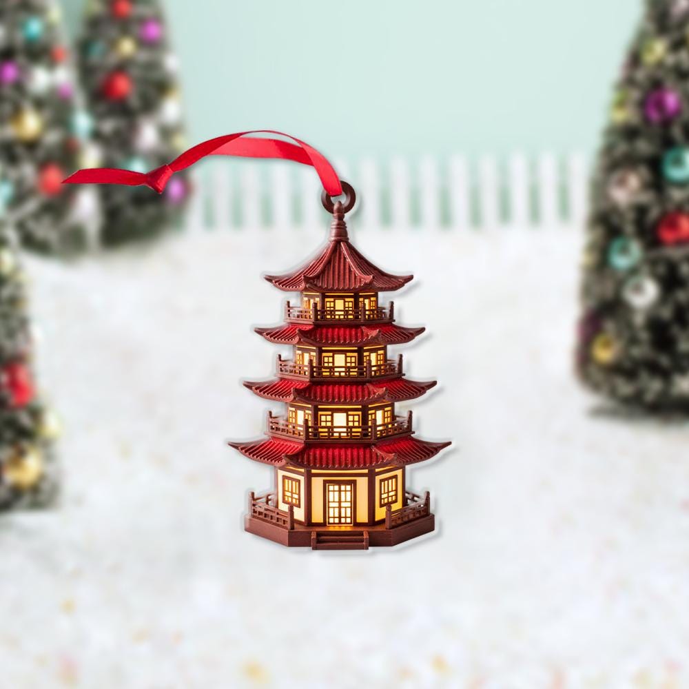 Pagoda Ornament for Christmas Tree, Asian Architecture Holiday Decoration, Red Lantern Style Hanging Decor