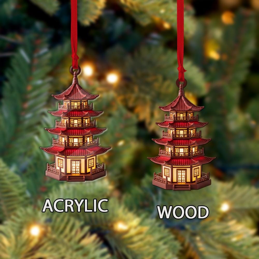 Pagoda Ornament for Christmas Tree, Asian Architecture Holiday Decoration, Red Lantern Style Hanging Decor