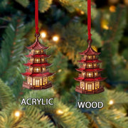 Pagoda Ornament for Christmas Tree, Asian Architecture Holiday Decoration, Red Lantern Style Hanging Decor