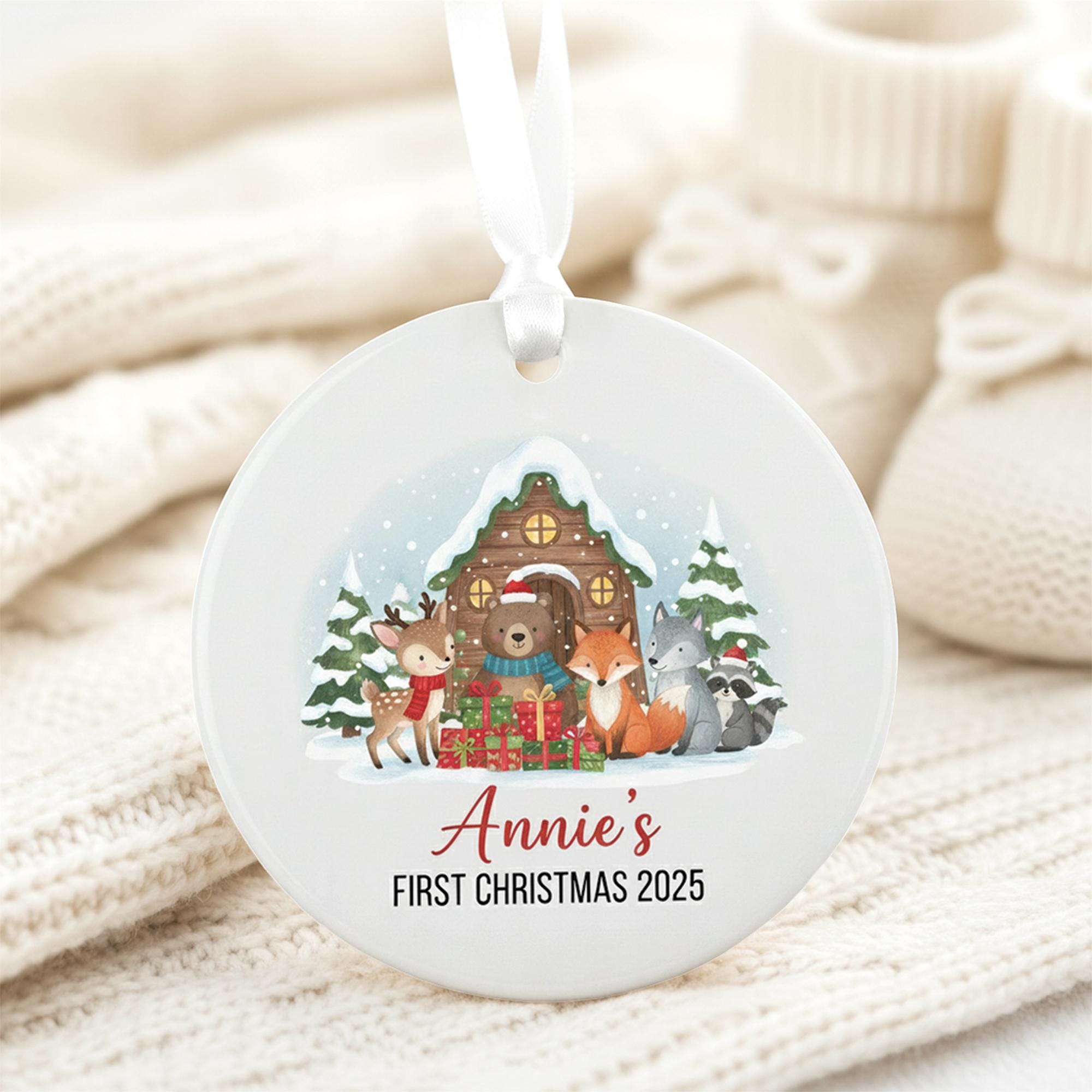 Baby’s First Christmas Ornament 2025 – Personalized Woodland Animal Holiday Keepsake with Name