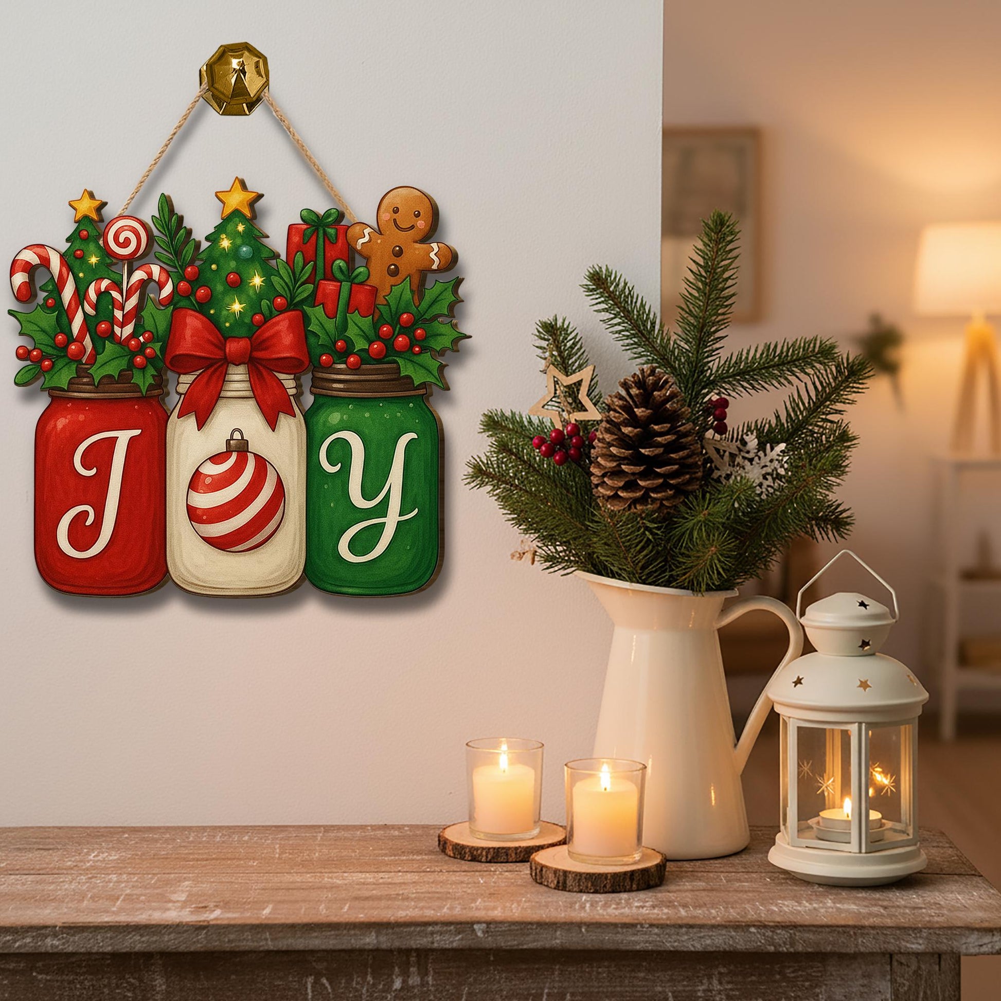 Christmas JOY Jar Hanging Sign – GingerBread Candy Holiday Door Decor