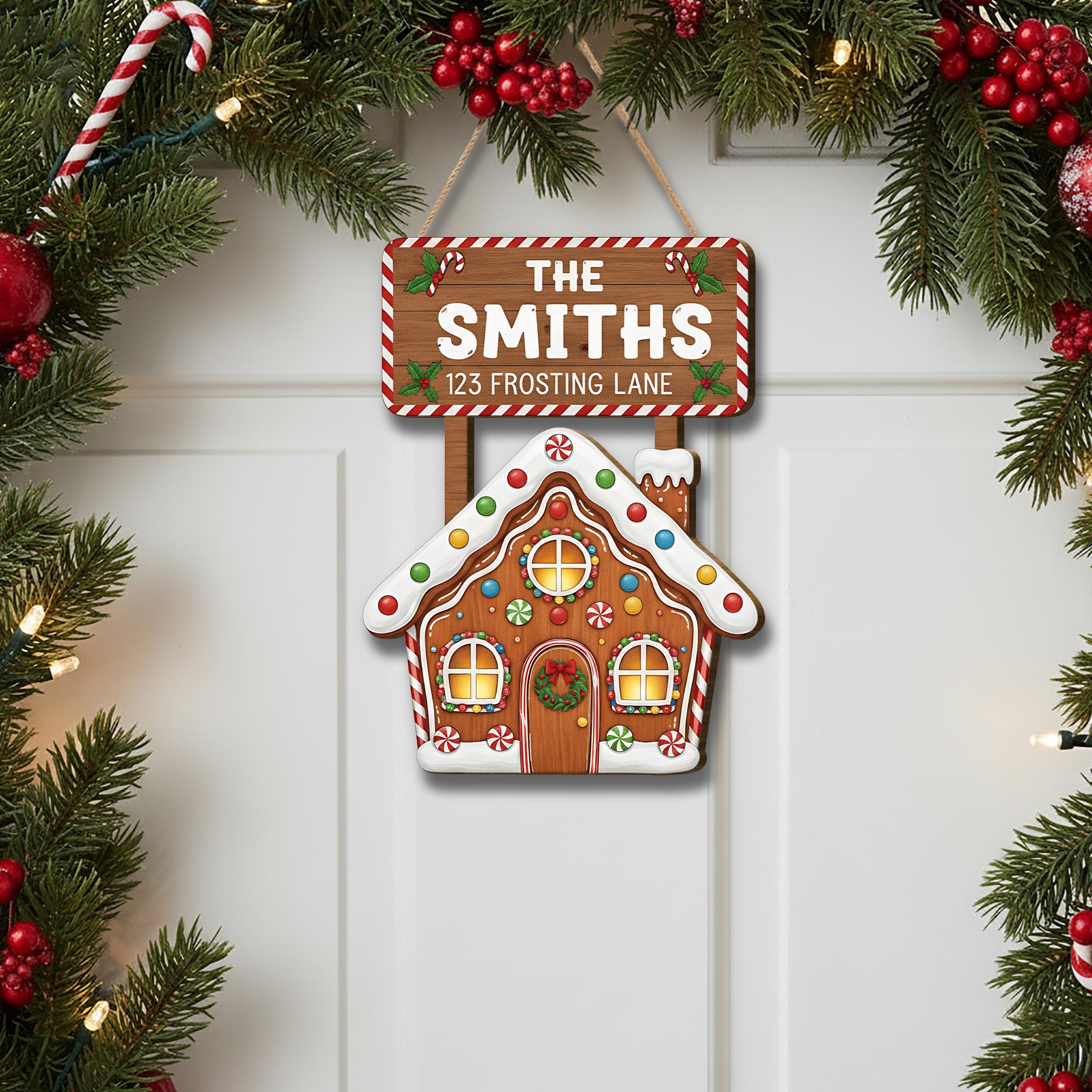Personalized Gingerbread House Door Sign – Custom Family Christmas Decor with Name & Address