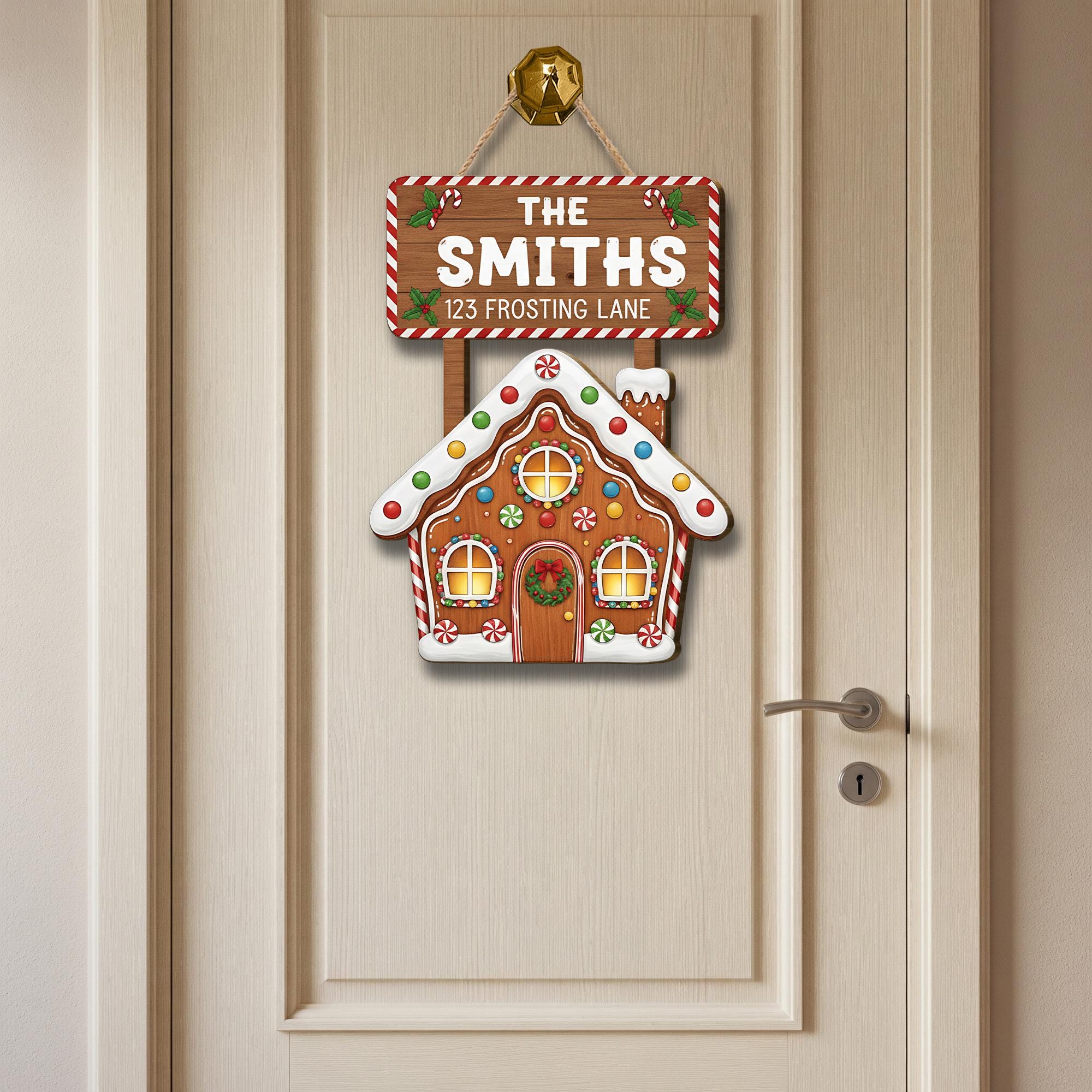 Personalized Gingerbread House Door Sign – Custom Family Christmas Decor with Name & Address