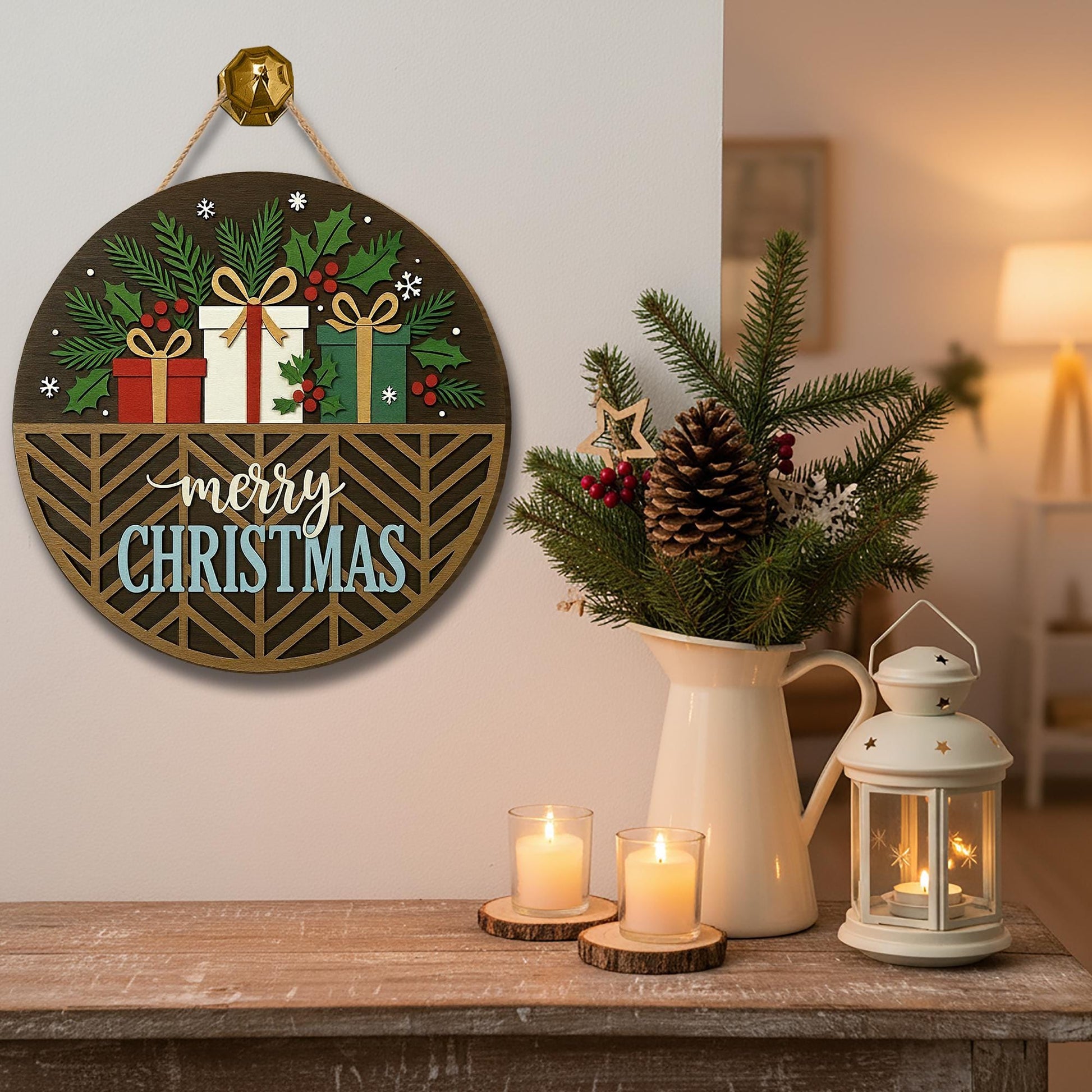 Rustic Merry Christmas Door Sign – Round Wooden Holiday Wall Hanging
