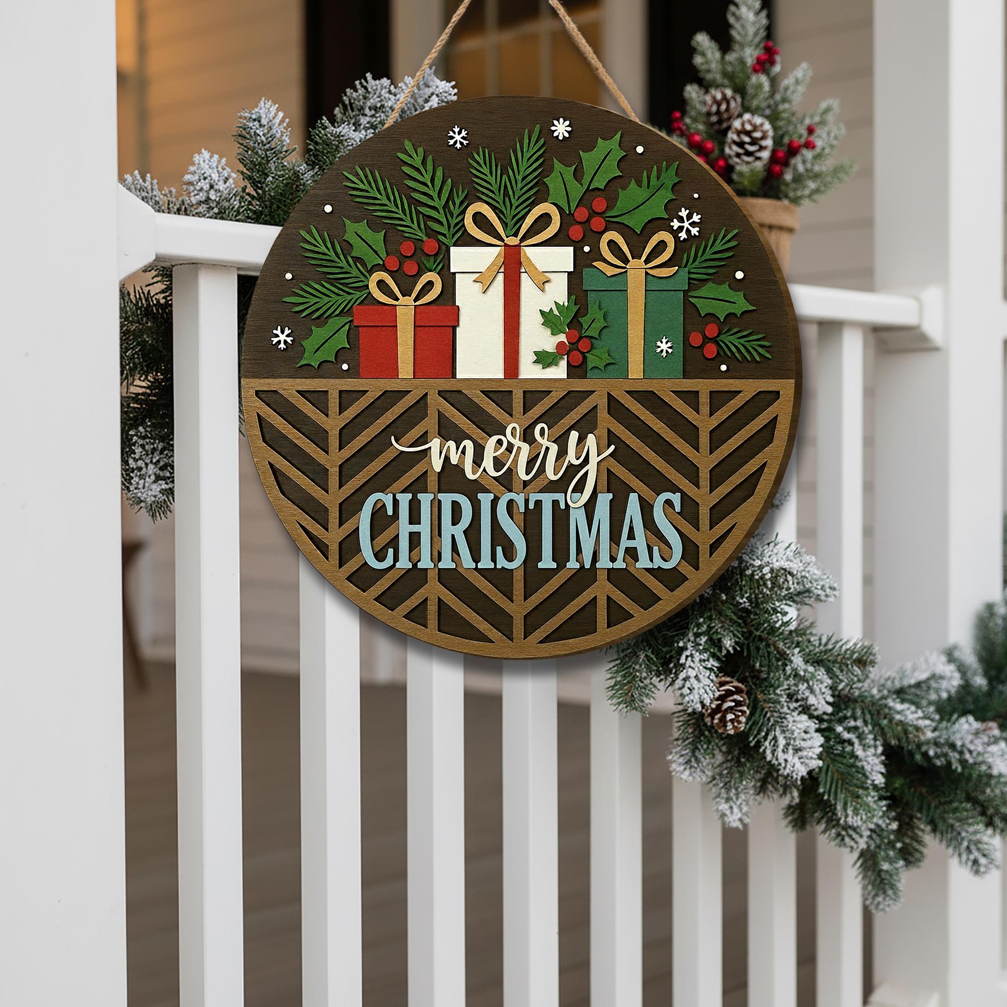 Rustic Merry Christmas Door Sign – Round Wooden Holiday Wall Hanging