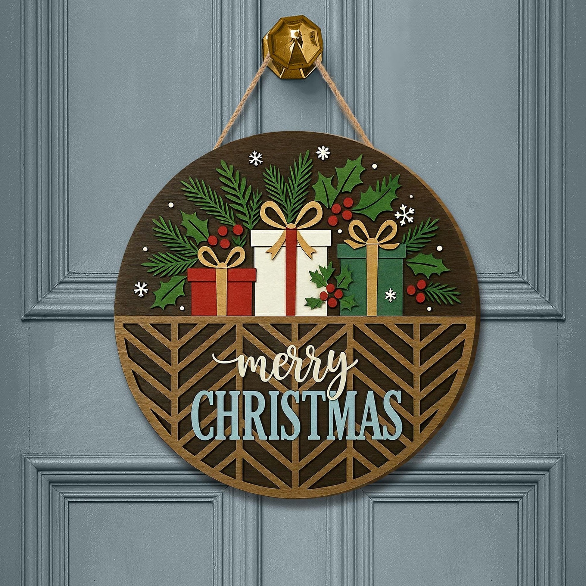 Rustic Merry Christmas Door Sign – Round Wooden Holiday Wall Hanging