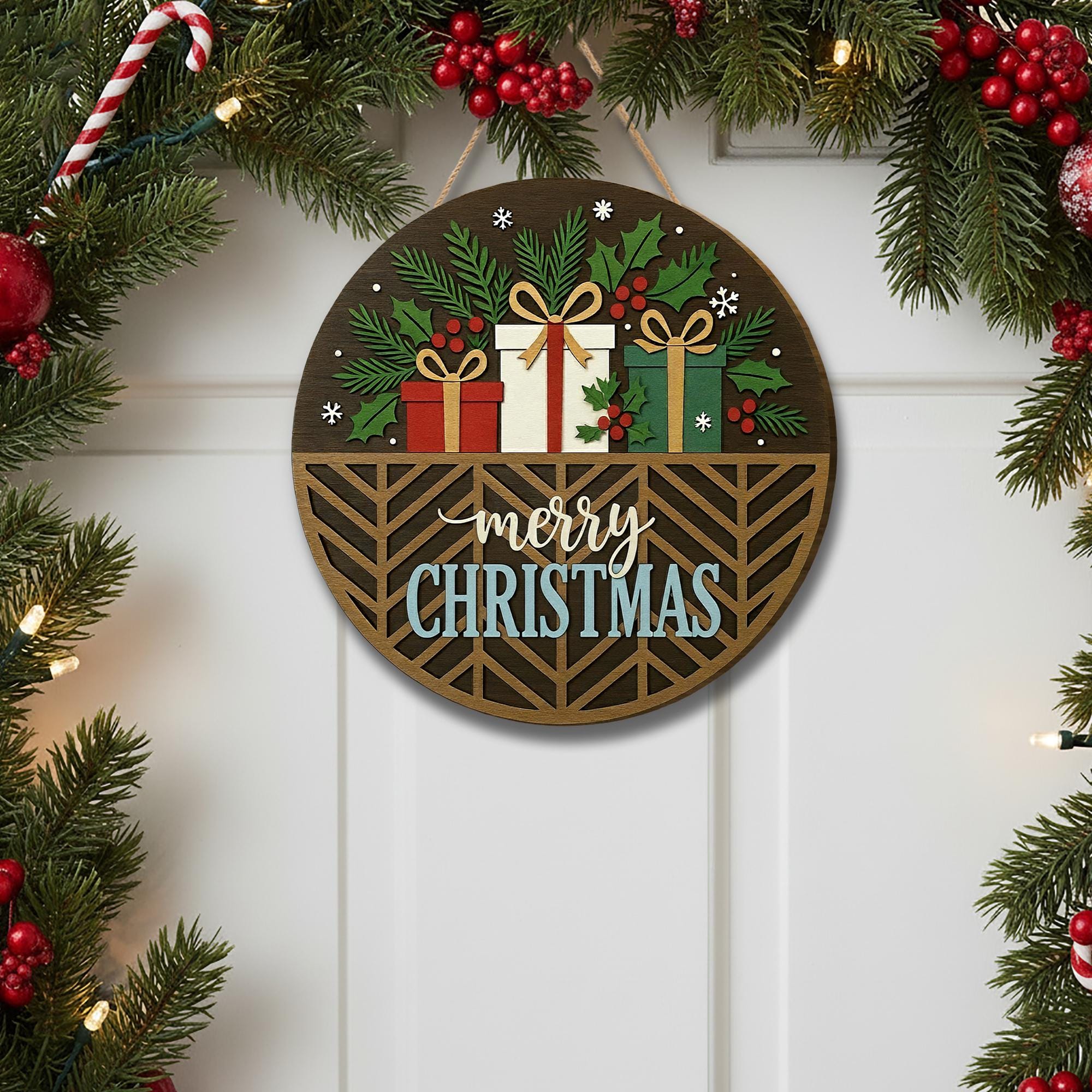 Rustic Merry Christmas Door Sign – Round Wooden Holiday Wall Hanging