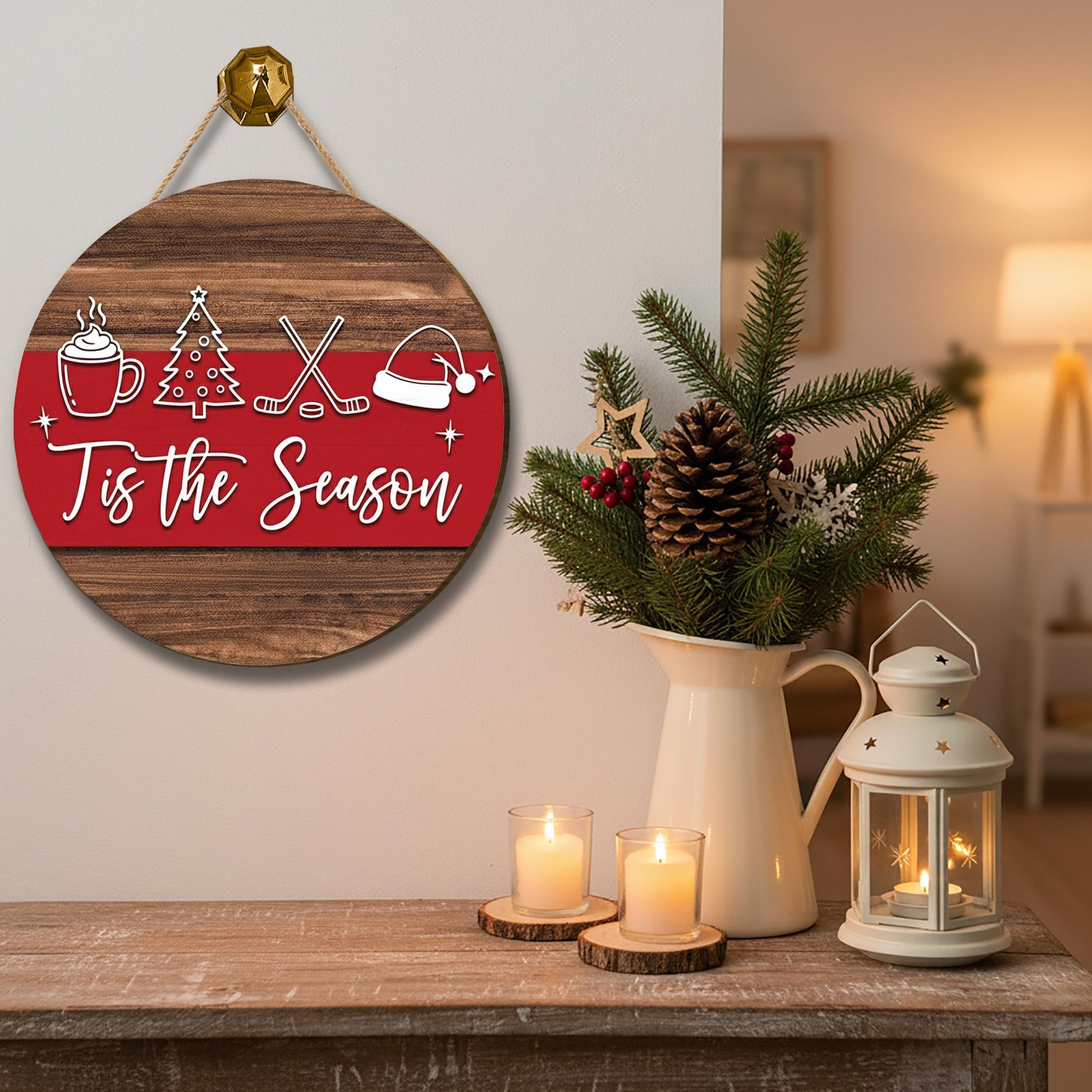 Tis the Season Door Sign – Round Wooden Hoockey Christmas Porch Decor