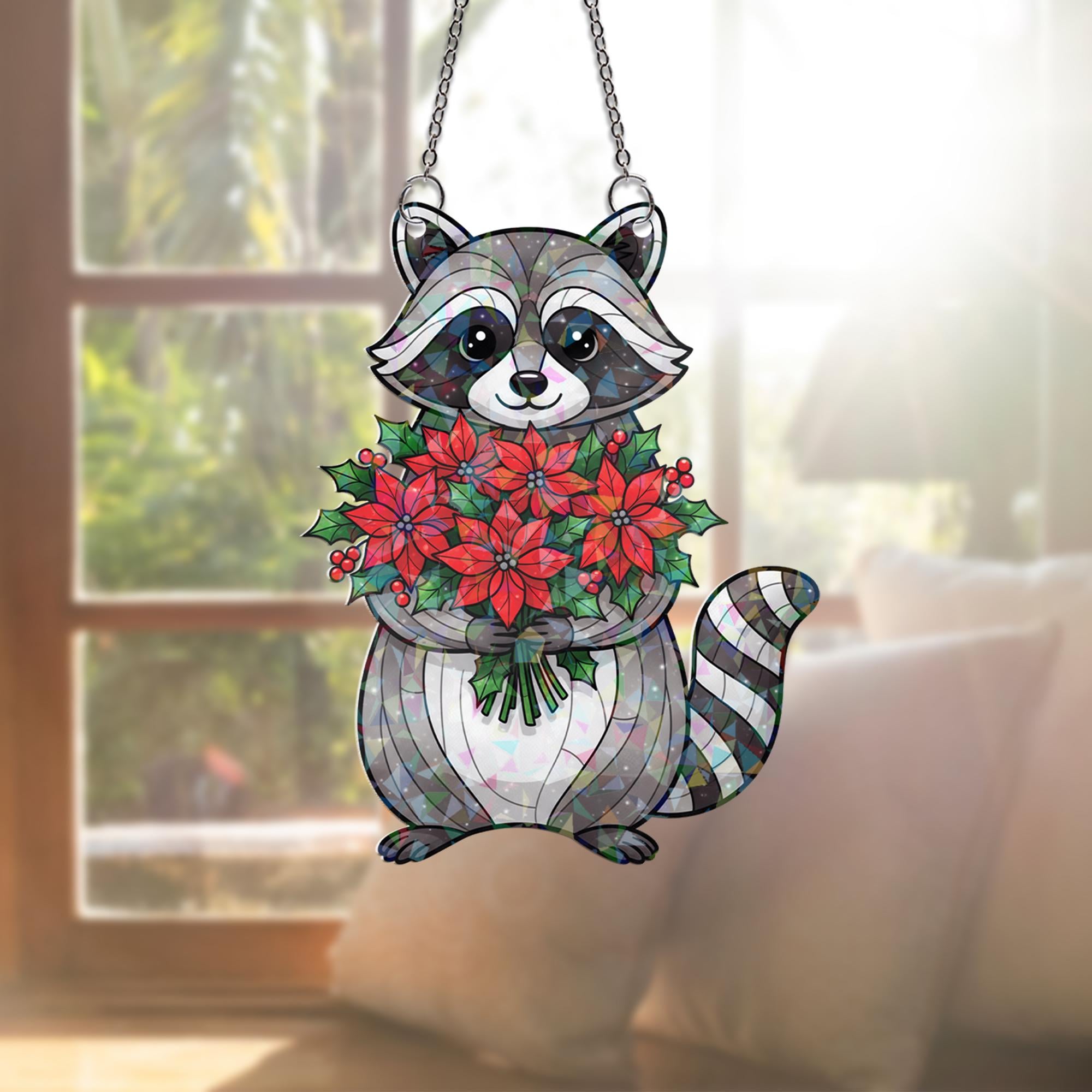 Raccoon Christmas Acrylic Hologram Window Hanging: Holiday Suncatcher Decor