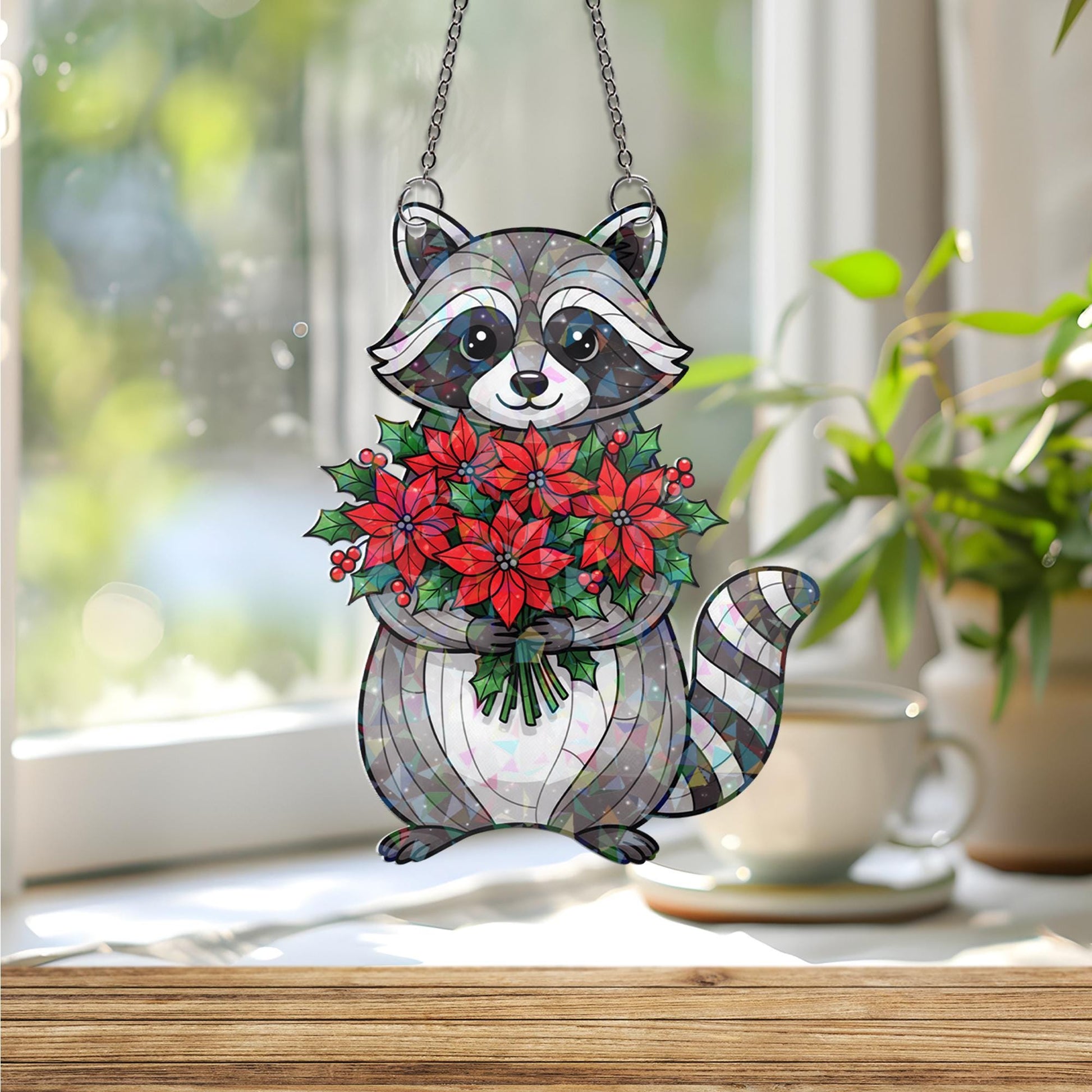 Raccoon Christmas Acrylic Hologram Window Hanging: Holiday Suncatcher Decor