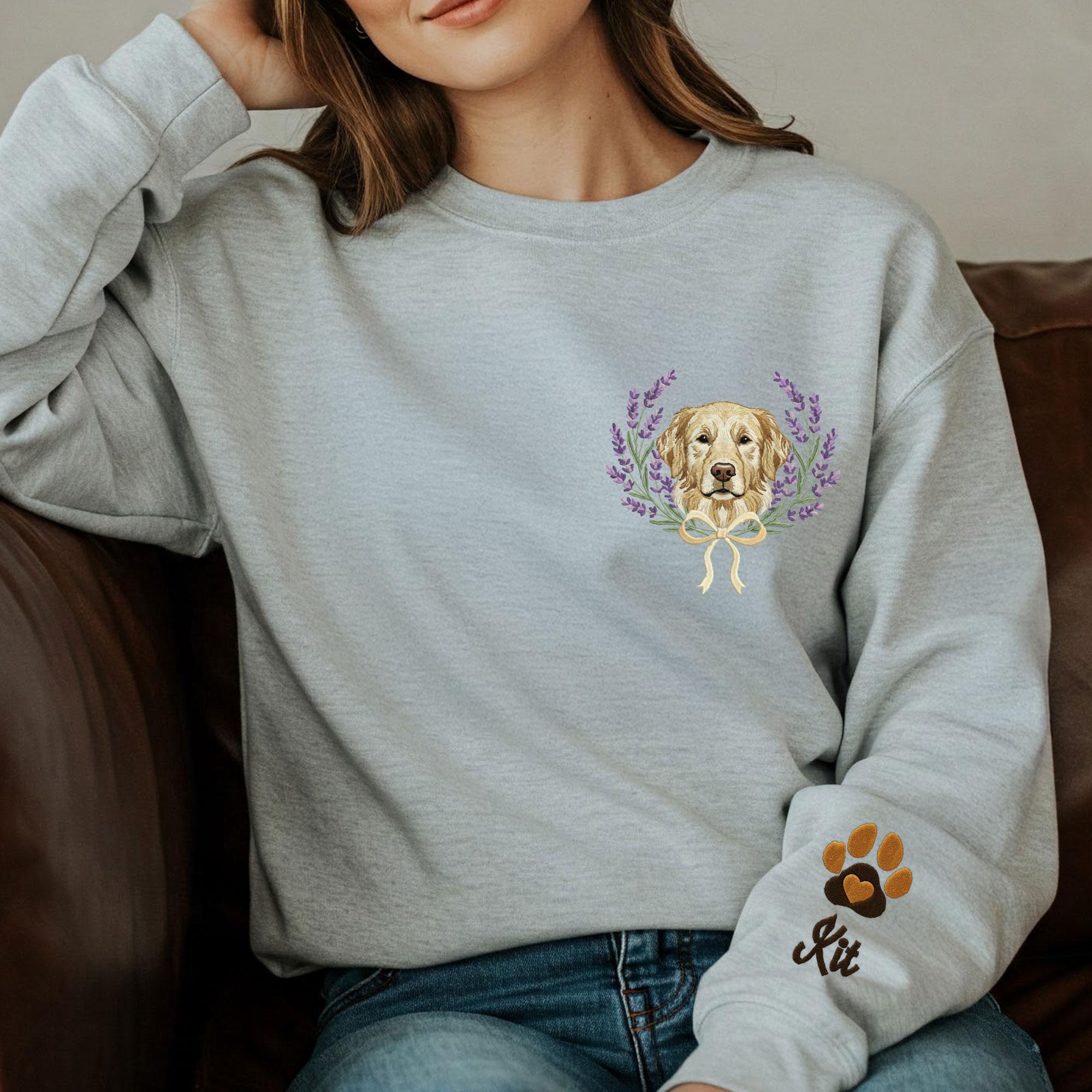 Personalized Pet Portrait Sweatshirt: Custom Embroidered Crewneck with Sleeve Names