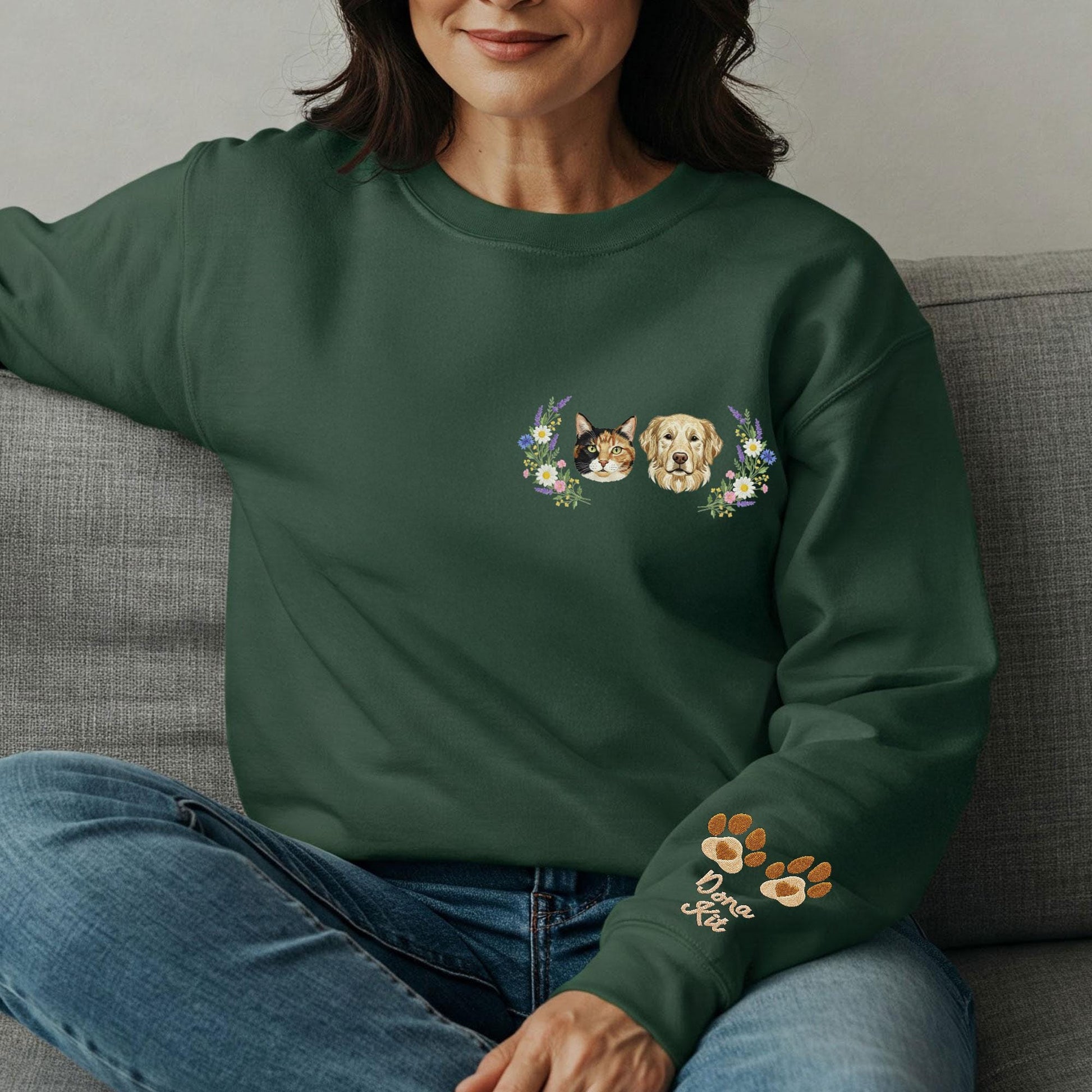 Personalized Pet Portrait Sweatshirt: Custom Embroidered Crewneck with Sleeve Names