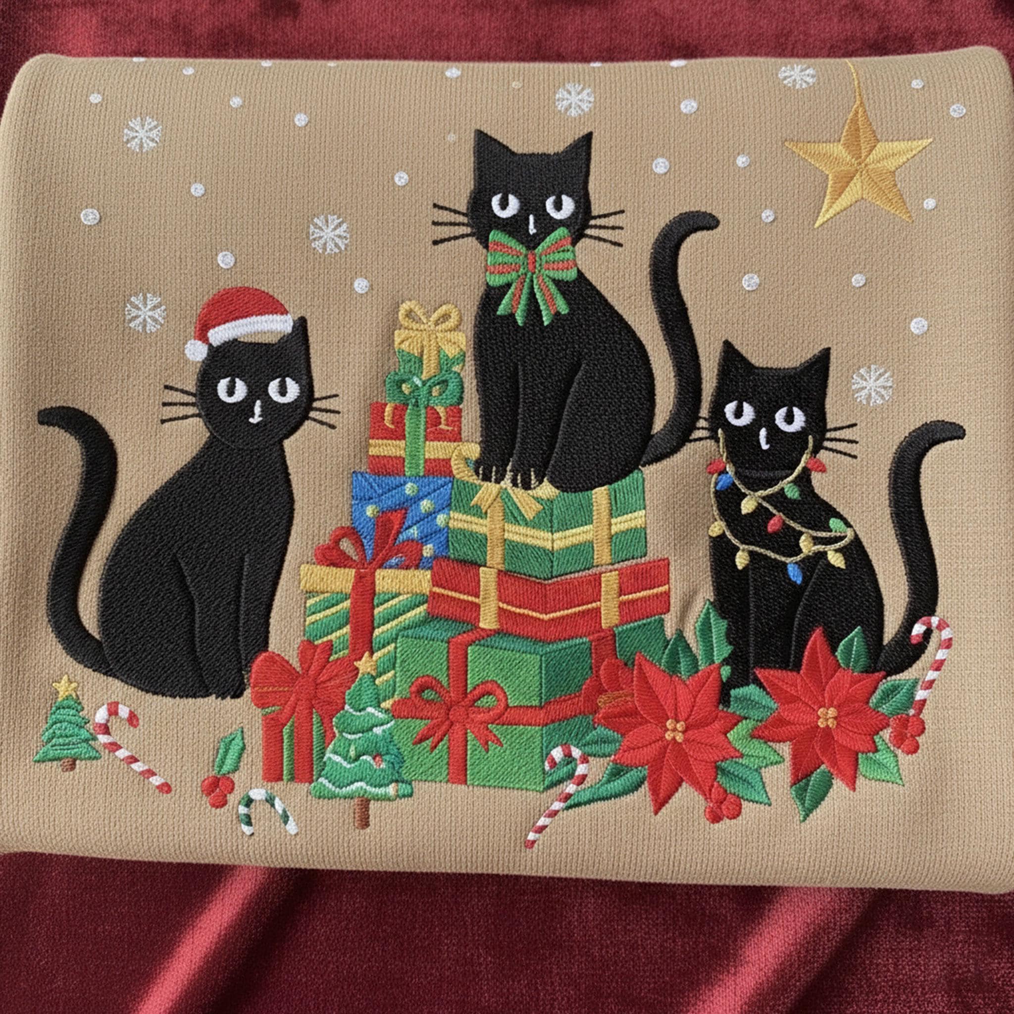 Christmas Black Cat Embroidered Sweatshirt: Festive Holiday Cat Crewneck
