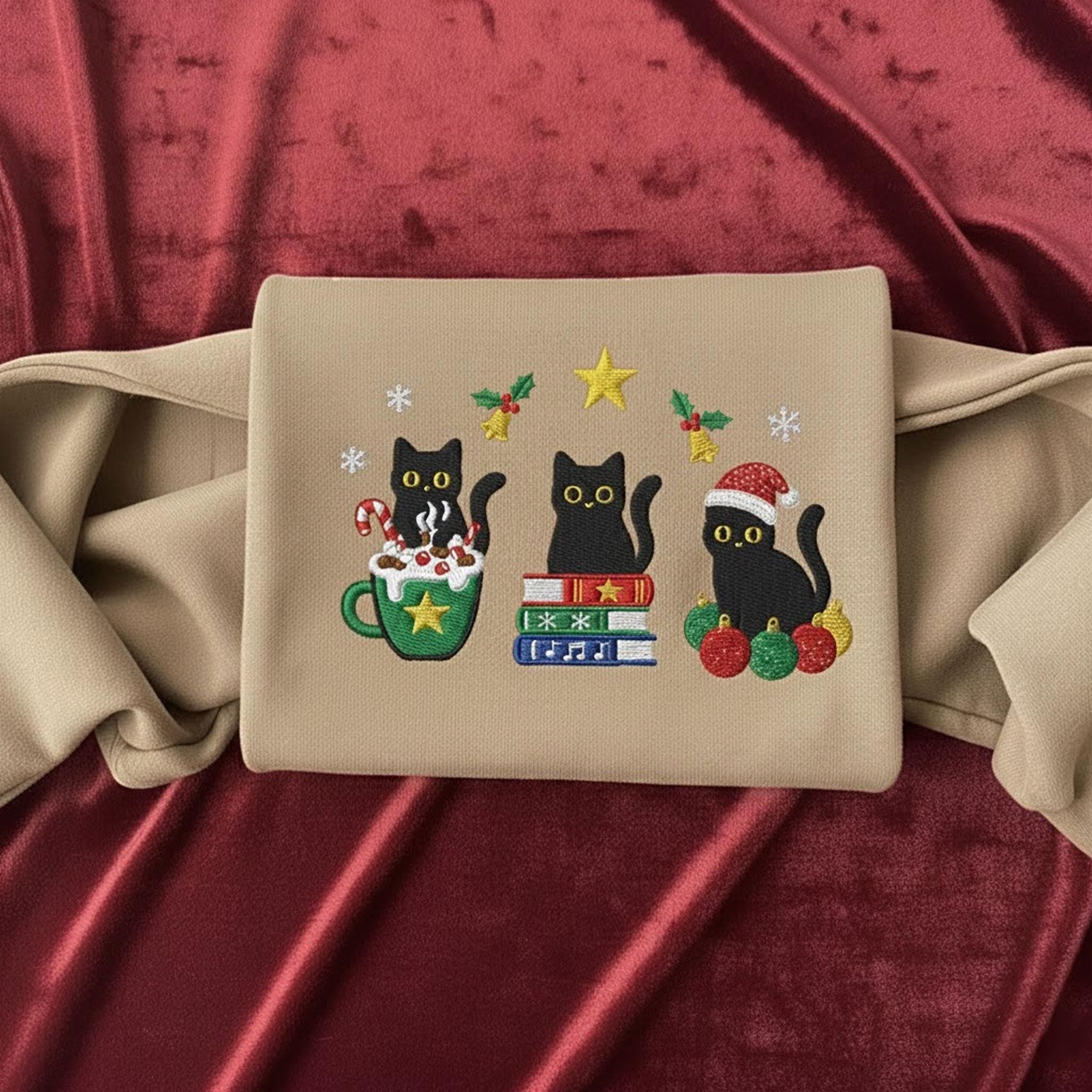 Christmas Cats Embroidered Sweatshirt: Festive Book Lover Holiday Crewneck