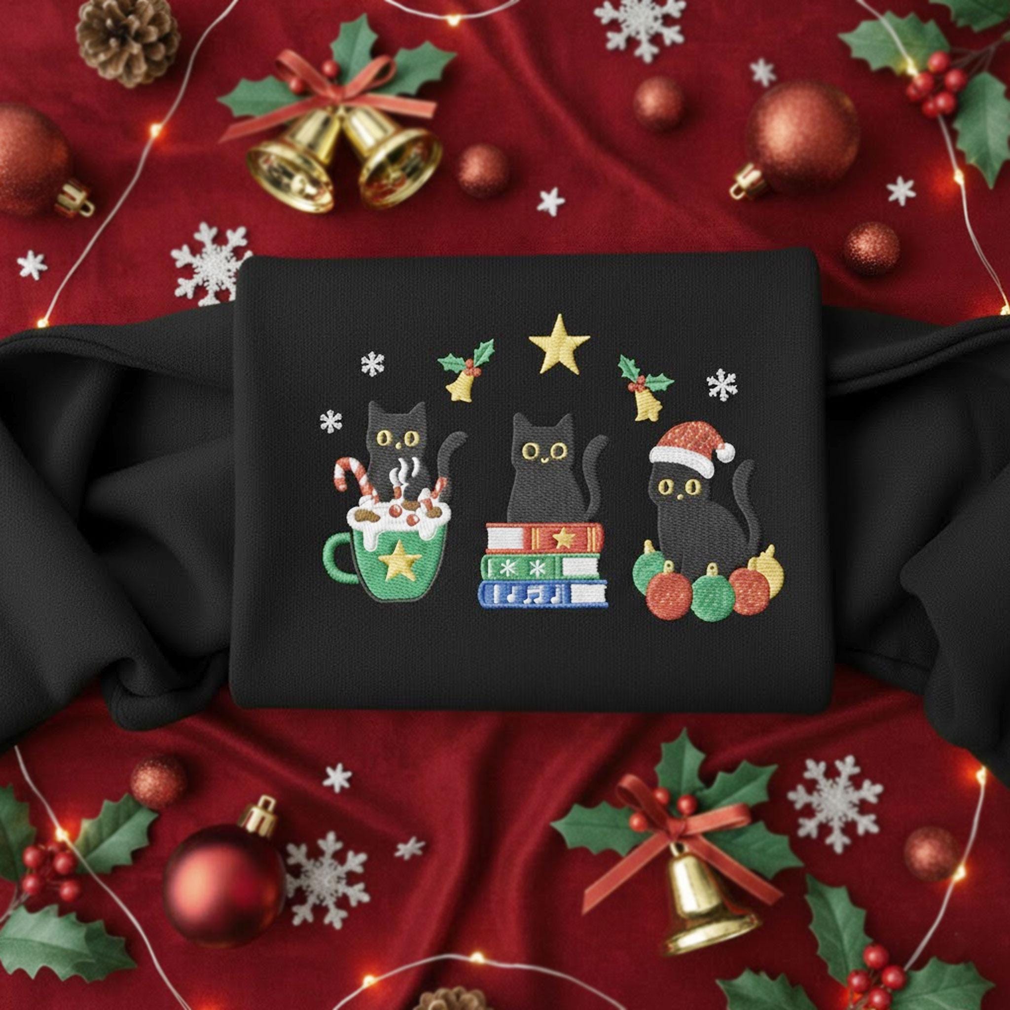 Christmas Cats Embroidered Sweatshirt: Festive Book Lover Holiday Crewneck