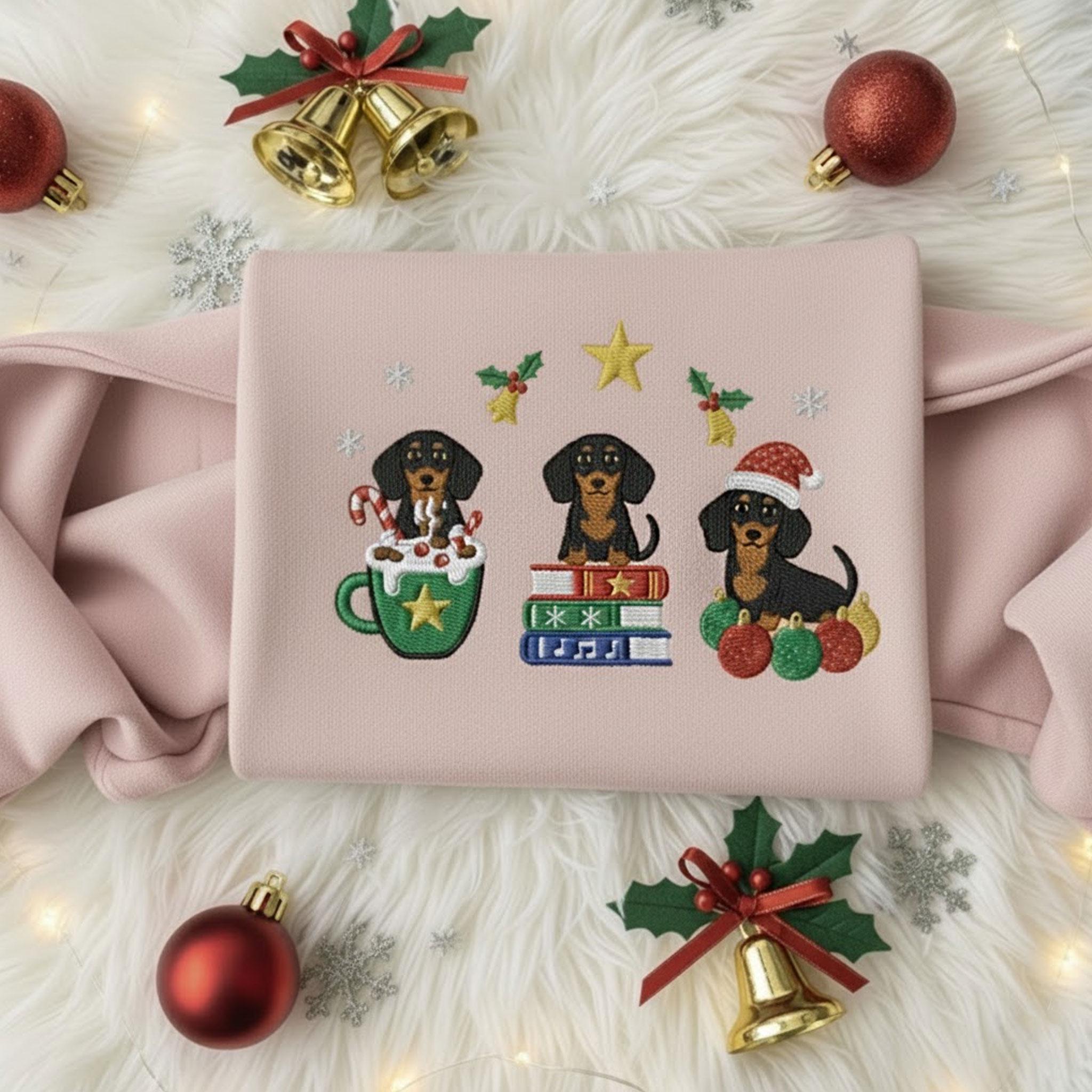 Christmas Dachshund Embroidered Sweatshirt: Festive Holiday Doxie Crewneck