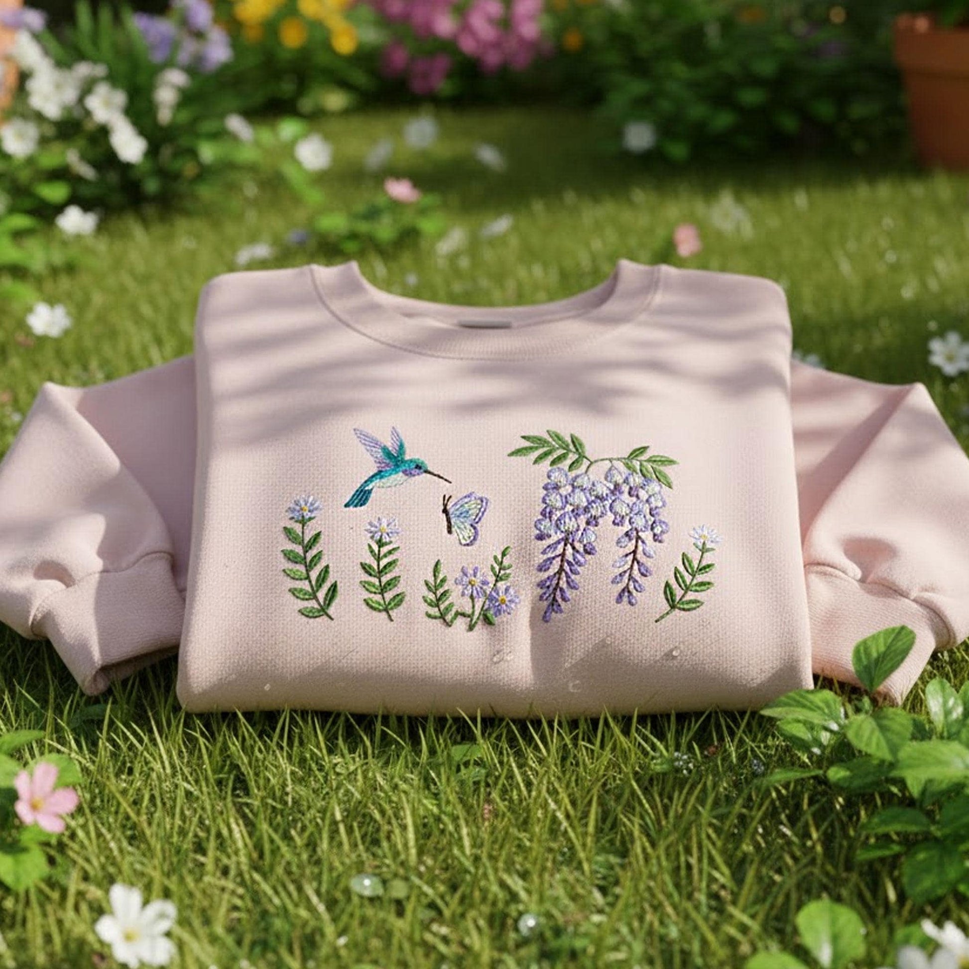 Embroidered Hummingbird Sweatshirt: Pink Wisteria Butterfly Garden Crewneck