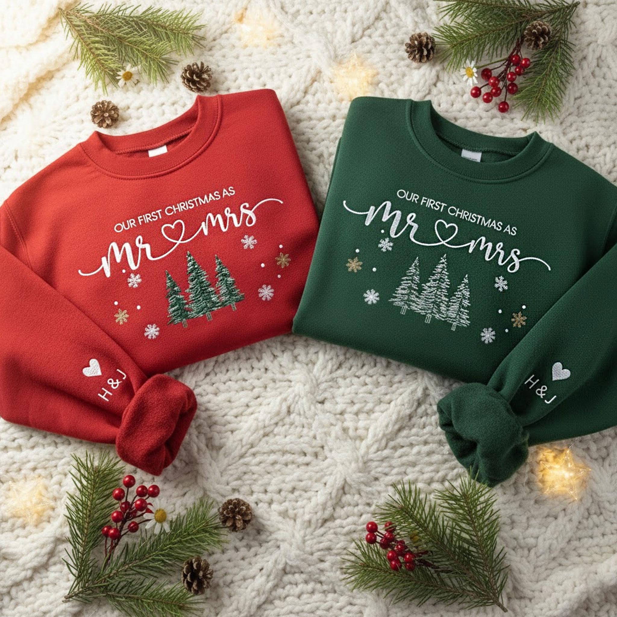 Our First Christmas Mr & Mrs Sweatshirt: Personalized Embroidered Newlywed Crewneck
