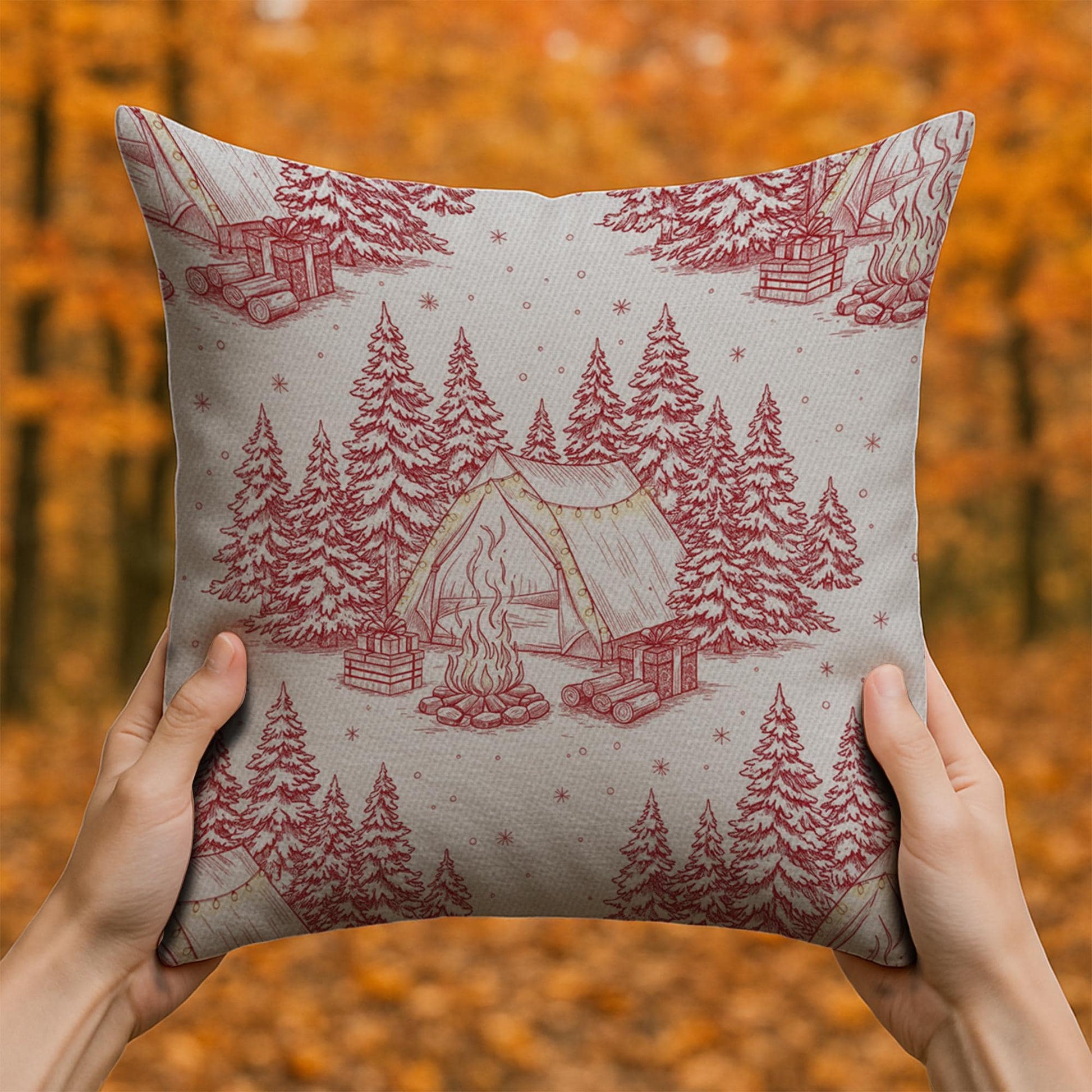 Linen Pillow – Camping Tent and Pine Tree Pattern with Campfire Design