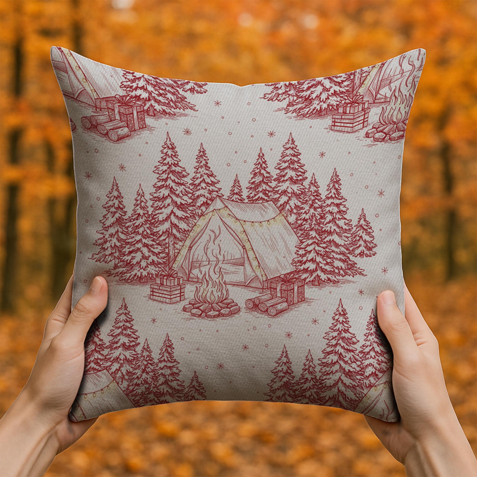 Linen Pillow – Camping Tent and Pine Tree Pattern with Campfire Design