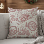 Linen Pillow – Santa Sleigh and Reindeer Pattern with Holiday Village Design
