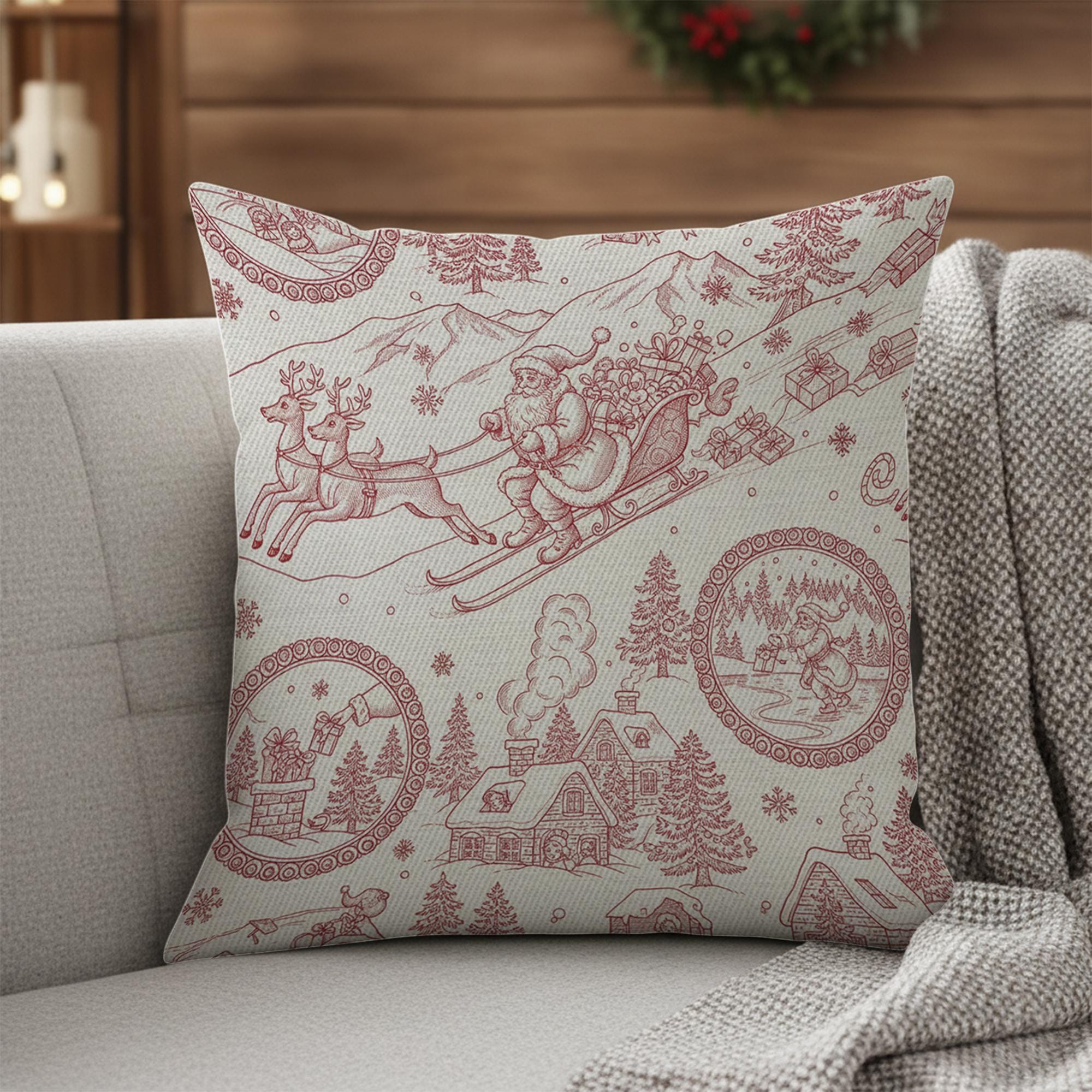 Linen Pillow – Santa Sleigh and Reindeer Pattern with Holiday Village Design