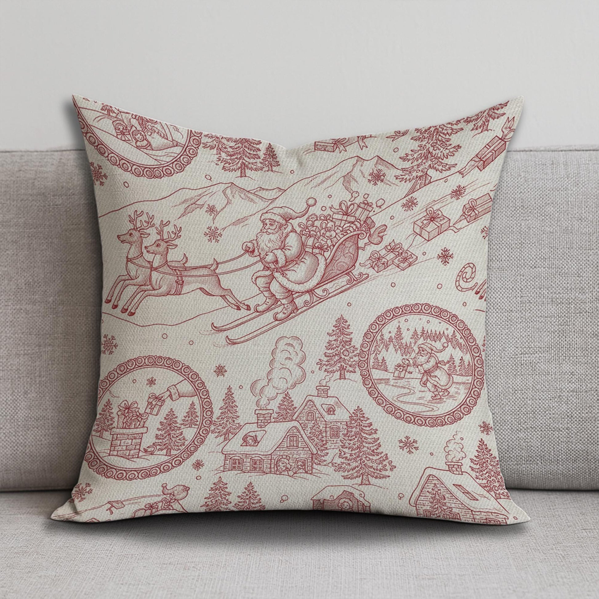 Linen Pillow – Santa Sleigh and Reindeer Pattern with Holiday Village Design