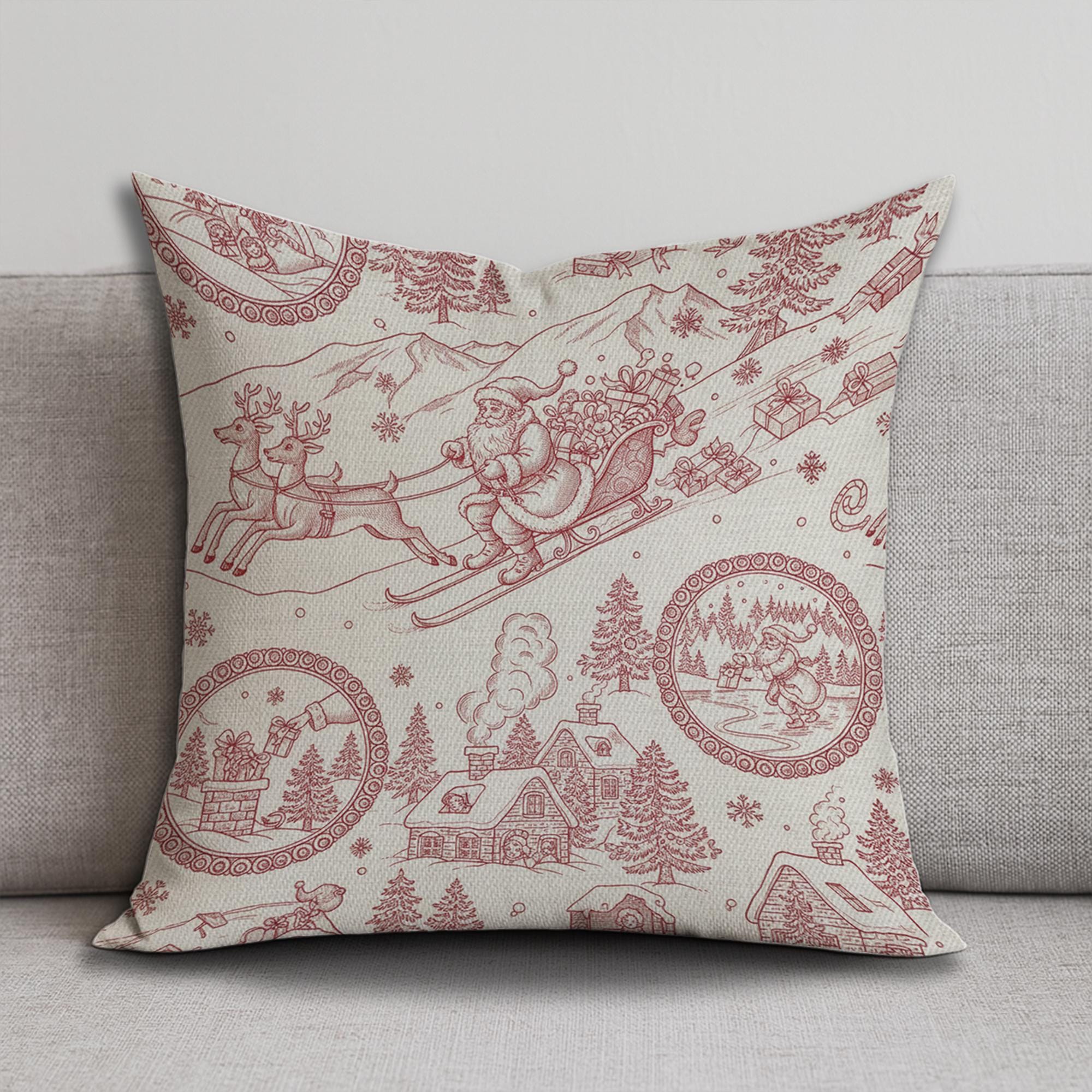 Linen Pillow – Santa Sleigh and Reindeer Pattern with Holiday Village Design