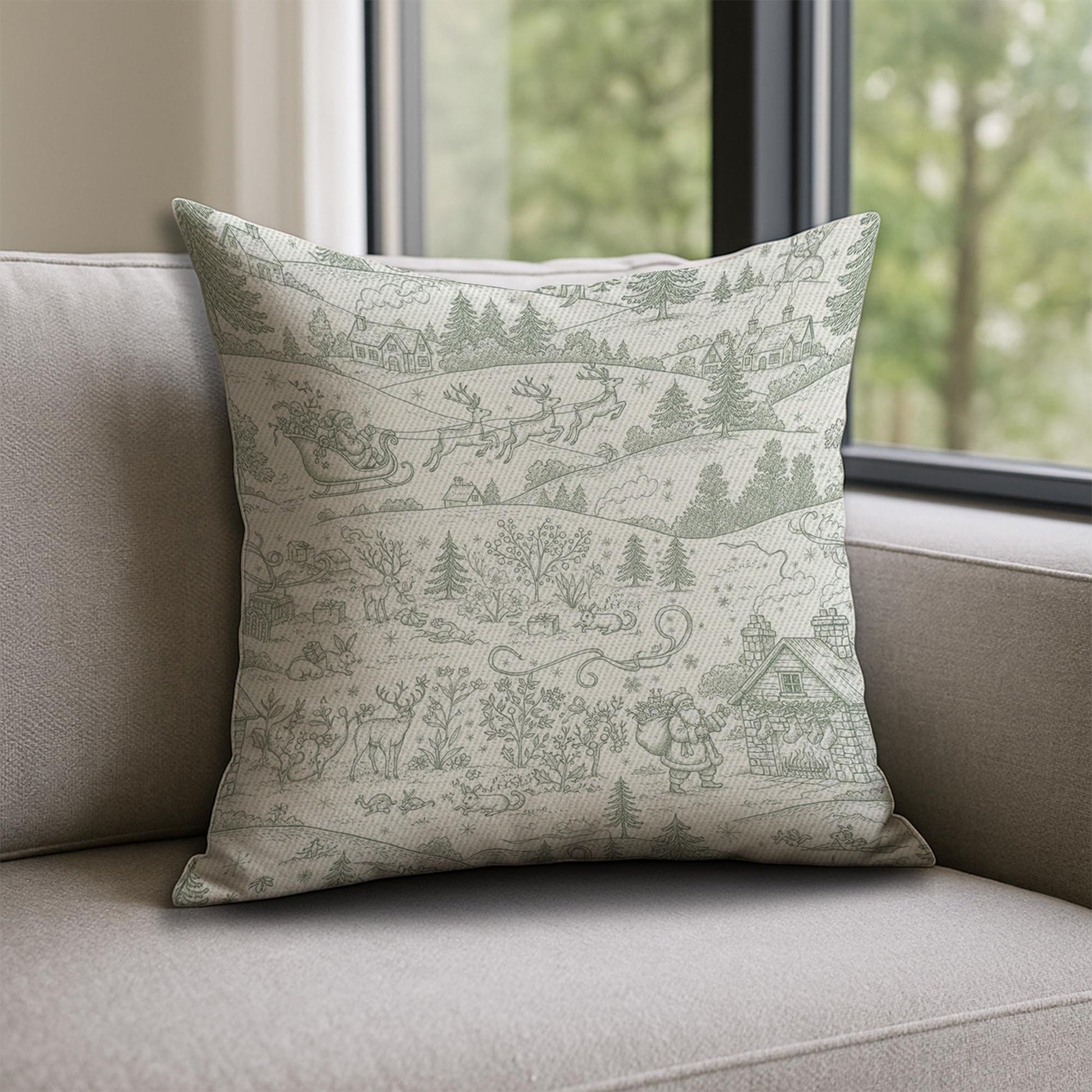Linen Pillow – Santa Sleigh and Reindeer Pattern with Winter Village Scene