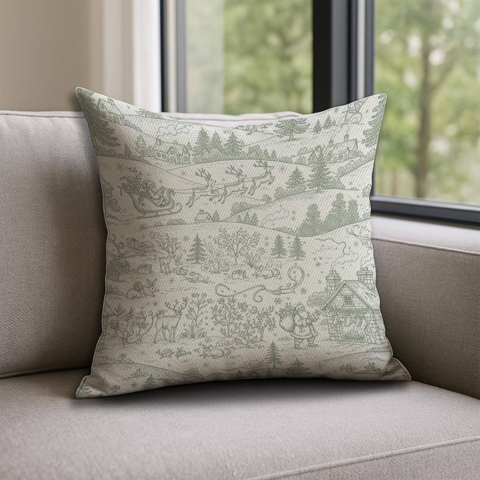Linen Pillow – Santa Sleigh and Reindeer Pattern with Winter Village Scene