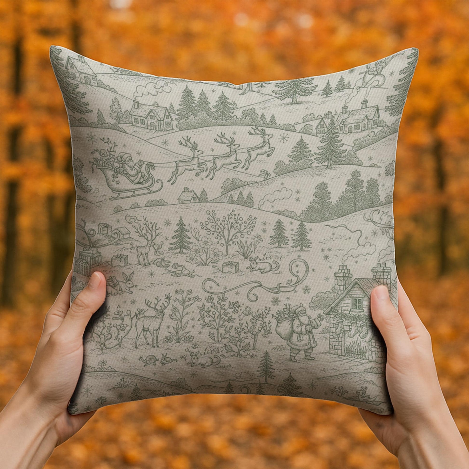 Linen Pillow – Santa Sleigh and Reindeer Pattern with Winter Village Scene