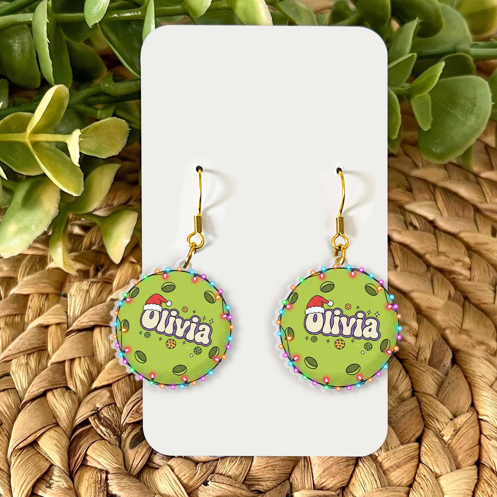 Personalized Earrings – Custom Name Dangle Jewelry with Holiday Lights Design