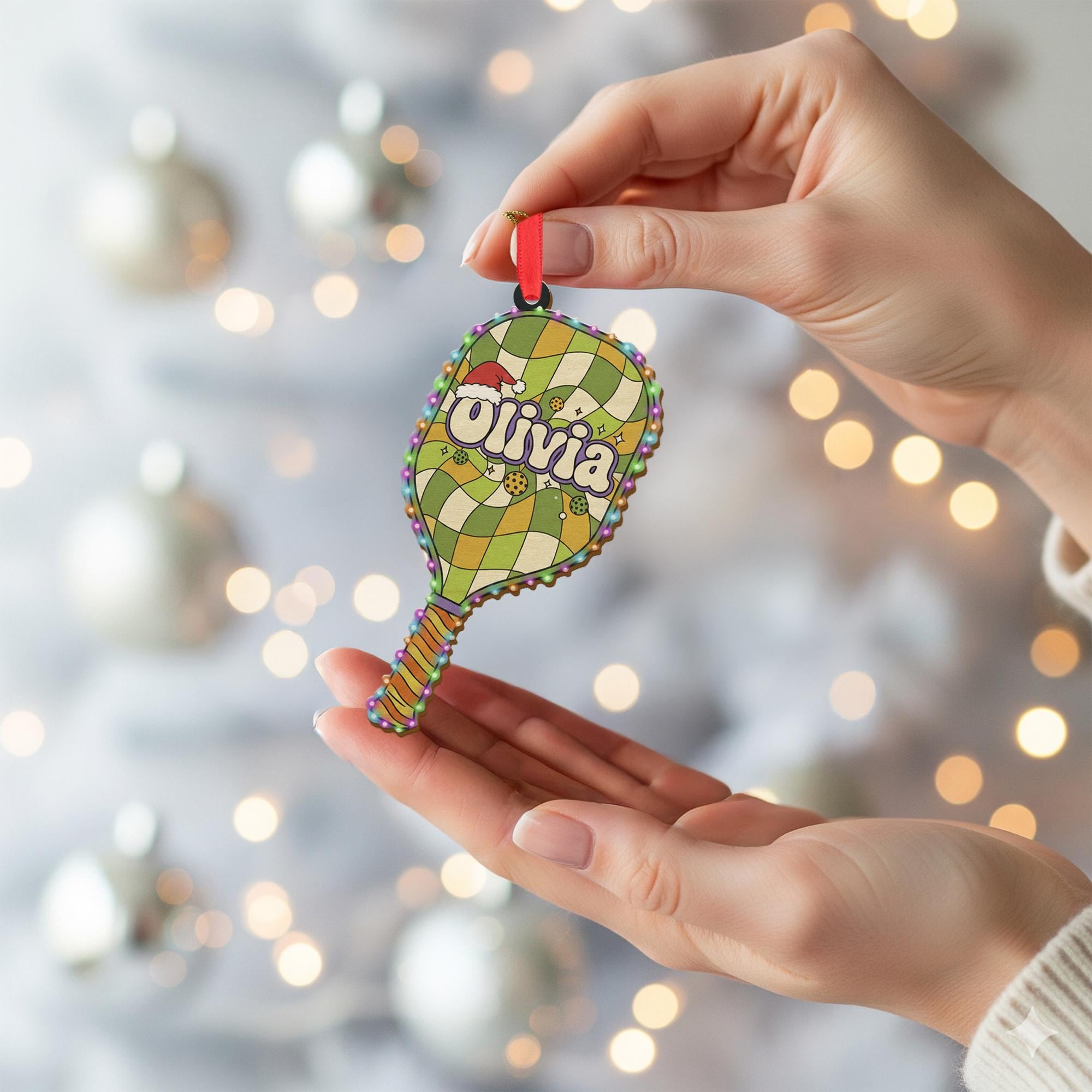 Personalized Ornament – Custom Name Pickleball Paddle with Holiday Lights
