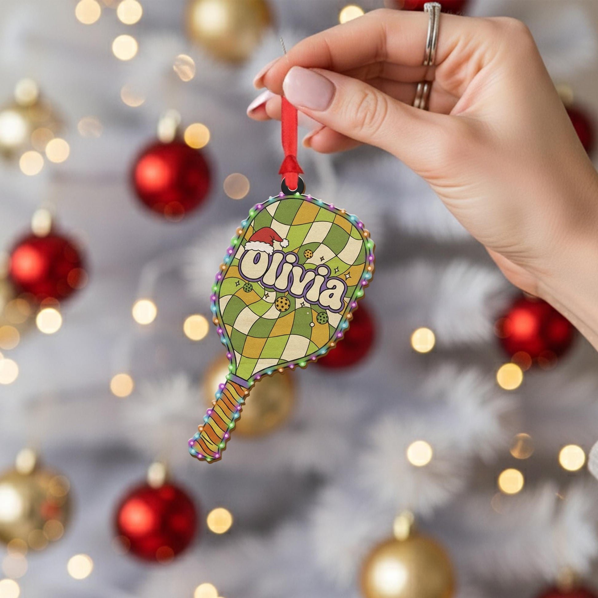 Personalized Ornament – Custom Name Pickleball Paddle with Holiday Lights