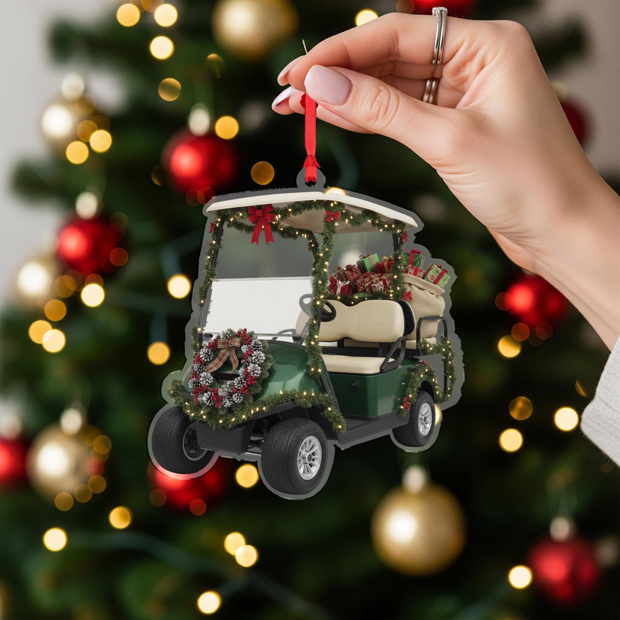 Golf Cart Ornament – Holiday Design with Wreath, Garland, and Gifts