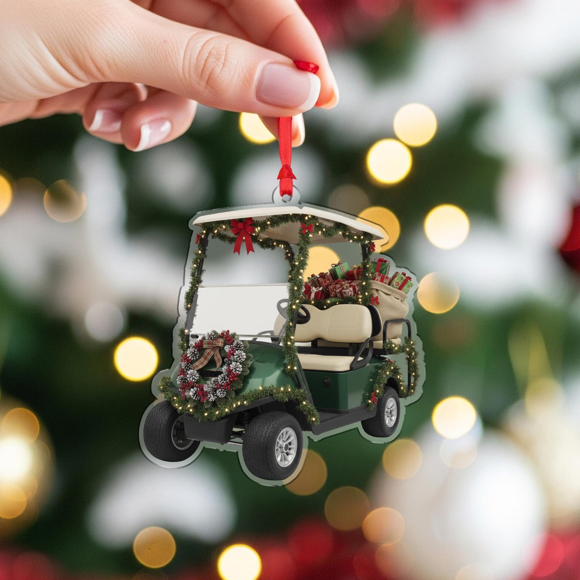 Golf Cart Ornament – Holiday Design with Wreath, Garland, and Gifts