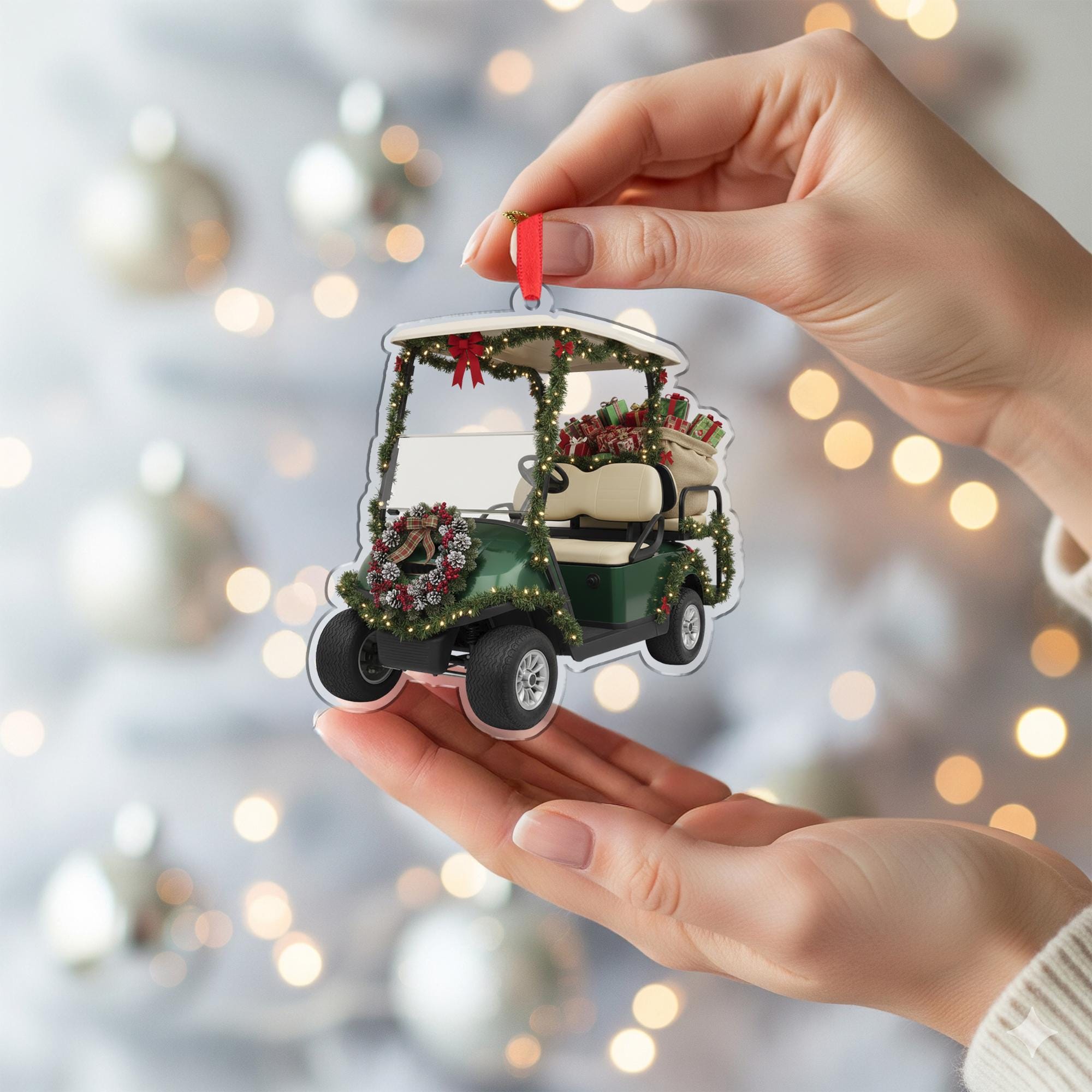 Golf Cart Ornament – Holiday Design with Wreath, Garland, and Gifts