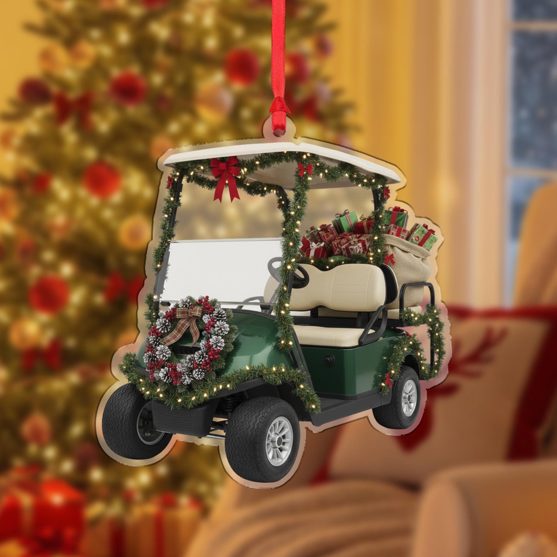 Golf Cart Ornament – Holiday Design with Wreath, Garland, and Gifts