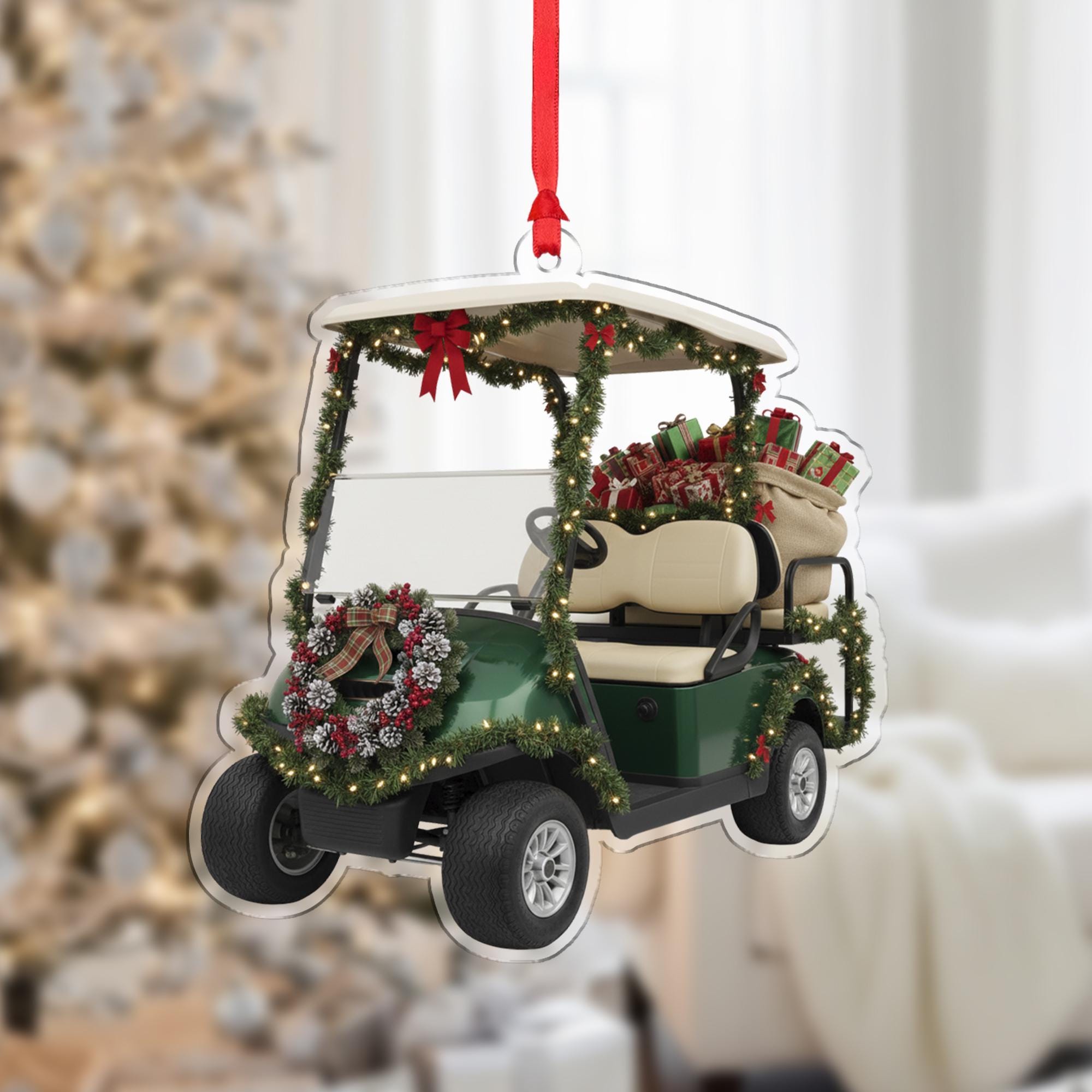 Golf Cart Ornament – Holiday Design with Wreath, Garland, and Gifts